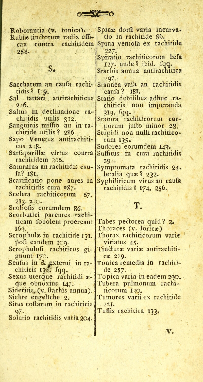 ©r=*2£=?o Boborantia (v, tonica)* , Bubiae tin&orum radix effi- cax contra rachiti dem 258. S. Saccharum an caufa rachi- tidis? 19, Sal tartari antirachiticus 2j6. Saltus in declinatione ra- chitidis utilis 322. Sanguinis miffio an in ra- chitide utilis? 286 Sapo Venetus antirachiti- cus 2 Sarfaparillae virtus contra rachitidem 266. Saturnina an rachitidis cau- fa? 181. Scarificatio pone aures in rachitidis cura 287. Sceleta rachiticorum 67. 213. 23C. Scoliofis eorumdem 86. Scorbutici parentes rachi- ticam fobolem procreant 169. Scrophulae in rachitide 131. ]5oft eandem 209. Scrophulofi rachiticos gi- gnunt 170. Senfus in & ^xterni in ra- chiticis 134; fqq. Sexus uterque rachitidi ae- que obnoxius 147. Sideritis., (v« ftachis annua). Siekte eng®llche 2. Situs coftarum in rachiticis 97- Solutio rachitidis vairia 204. Spinae dorfi varia incurva* tio in rachitide 8b- Spina ventofa ex rachitide 227. Spiratio rachiticorum laefa 127- unde? ibid. fqq. Stachis annua antirachitica 297. Stannea vafa an rachitidis caufa ? 18I. Statio debilibus adhuc ra- chiticis non imperanda 319- fqq-,.. Statura rachiticorum cor- porum jufio minor 28. Stupidi non nulli rachitico- rum 135, Sudores eorumdem 143. Suffitus in cura rachitidis , 29 . Symptomata rachitidis 24. letalia quae ? 232. Syphiliticum virus an caufa rachitidis ? 174* 256« T. Tabes pe&orea quid? 2* Thoraces (v. loricae) Thorax rachiticorum varie vitiatus 45. Tin&urae variae antirachiti- cae 279. Tonica remedia in rachiti- de 257. Topica varia in eadem 290* Tubera pulmonum rachi- ticorum 130. Tumores varii ex rachitide 221. Tuffis rachitica 133» V,