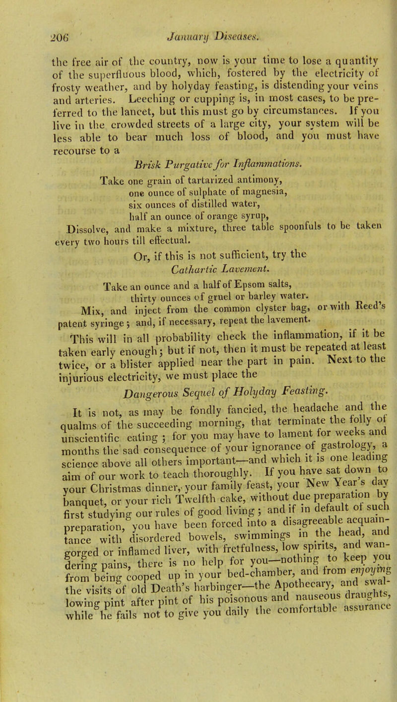 the free air of the country, now is your time to lose a quantity of the superfluous blood, which, fostered by the electricity of frosty weather, and by holyday feasting, is distending your veins and arteries. Leeching or cupping is, in most cases, to be pre- ferred to the lancet, but this must go by circumstances, if you live in the crowded streets of a large city, your system will be less able to bear much loss of blood, and you must have recourse to a Brisk Purgative for Inflammations. Take one grain of tartanzeil antimony, one ounce of sulphate of magnesia, six ounces of distilled water, half an ounce of orange syrup, Dissolve, and make a mixture, three table spoonfuls to be taken every two hours till effectual. Or, if this is not sufficient, try the Cathartic Lavement. Take an ounce and a half of Epsom salts, thirty ounces of gruel or barley water. Mix, and inject from the common clyster bag, or with Reed’s patent syringe ; and, if necessary, repeat the lavement. This will in all probability check the inflammation, if it be taken early enough; but if not, then it must be repeated at least twice, or a blister applied near the part in pain. Next to the injurious electricity, we must place the Dangerous Sequel of Holyday Feasting. It is not, as may be fondly fancied, the headache and the qualms of the succeeding morning, that terminate the folly o unscientific eating ; for you may have to lament for weeks and months the sad consequence of your ignorance of gastrology, a science above all others important—and which it is one leading aim of our work to teach thoroughly. If you have sat down to your Christmas dinner, your family feast, your New Year s day banauet or your rich Twelfth cake, without due preparation by fi«qStady”4 «r rules of good living ; and if in o such preparation, you have been forced into a disagreeable acquain- E with disordered bowels, swimmings rn the head, and gorged or inflamed liver, with fretfulness, low spirits, and derimr Dains there is no help for you—nothing to keep you from being cooped up in your bed-chamber, and from eW.l.g Le visits ?f o,dPDeath’s l/arbinger-the Apotheeary and ™ 1- lowimr nint after pint of his poisonous and nauseous draughts, lZeShPe failf notPto give you' daily the comfortable assurance