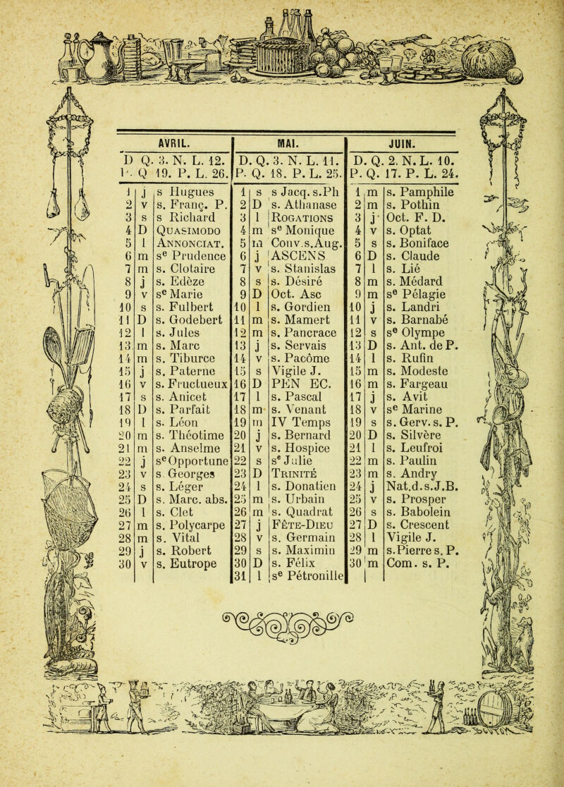 71 ^ AVRIL. MAI. JUIN. 5 l An NON CIAT. 5 m Conv.s.Aug. 5 s s. Boniface 6 m se Prudence 6 j ASCENS. 6 D s. Claude 7 m s. Clotaire 7 Y s. Stanislas 7 1 s. Lié 8 j s. Edèze 8 S s. Désiré 8 m s. Médard 9 V se Marie 9 D Oct. Asc 9 m se Pélagie 10 s s. Fulbert 10 1 s. Gordien 10 j s. Landri 11 D s. Godebert 11 m s. Mamert 11 V s. Barnabe 12 1 s. Jules 12 m s. Pancrace 12 s se Olympe 13. m s. Marc 13 j s. Servais 13 D s. Ant. de P. 14 m s. Tiburce 14 V s. Pacôme 14 1 s. Rufin 15 j s. Paterne 15 s Vigile J. 15 m s. Modeste 16 V s. Fructueux 16 D PEN EC. 16 m s. Fargeau 17 s s. Anicet 17 1 s. Pascal 17 .j s. Avit 18 D s. Parfait 18 m s. Venant 18 y se Marine 19 l s. Léon 19 rn IV Temps 19 s s. Gerv. s. P. 20 m s. Théotime 20 j s. Bernard 20 D s. Silvère 21 m s. Anselme 21 V s. Hospice 21 1 s. Leufroi 22 j se Opportune 22 s se Julie 22 m s. Paulin 23 V s. Georges 23 D Trinité 23 m s. Andry 24 s s. Léger 24 1 s. Donatien 24 j Nat.d.s.J.B. 25 D s. Marc. abs. 25 m s. Urbain 25 V s. Prosper 26 1 s. Clet 26 m s. Quadrat 26 s s. Babolein 27 m s. Polycarpe 27 j Fête-Dieu 27 D s. Crescent 28 m s. Vital 28 V s. Germain 28 1 Vigile J. 29 j s. Robert 29 s s. Maximin -!9 m s.Pierre s. P. 30 y s. Eutrope 30 D s. Félix 30 m Com. s. P. 31 1 se Pétronille i ’w ÿ'V \f Vis v ,-r.