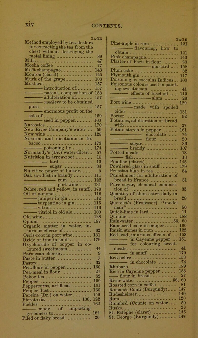 PAGE Method employed by tea-dealers for extracting the tea from tho chest without destroying the metal lining 89 Milk 47 Mocha coffee 77 MoSt champagne 143 Mouton (claret) 145 Murk of the grape 108 Mustard 167 introduction of. 167 patent, composition of 158 adulteration of. 157 nowhere to be obtained pure 167 enormous profit on the sale of. 159 seed in pepper 160 Narcotics 170 New River Company’s water ... 69 New wine 128 Nicotine and nicotianin in to- bacco 173 poisoning by 174 Normandy’s (Dr.) water-filter... 57 Nutrition in arrow-root 15 lard 13 sugar 34 Nutritive power of butter 8 Oak sawdust in brandy Ill rum 122 port wine 131 Ochre, red and yellow, in snuff.. 179 Oil of almonds 116 juniper in gin 112 turpentine in gin 115 vitnol 116 vitriol in old ale 100 Old wine 128 Opium 187 Organic matter in water, in- jurious effects of 62 Orris-root in port wine 131 Oxide of iron in snuff 179 Oxychloride of copper in co- loured sweetmeats 44 Parmesan cheese 9 Paste in butter 7 Pastry 32 Pea-flour in pepper 160 Pea-meal in flour 21 Pekoe tea 82 Pepper 159 Peppercorns, artificial 161 Pepper dust 160 Pereira (Dr.) on water 159 Picrotoxia 100, 122 Pickles 162 mode of imparting greenness to 164 Piled or flaky bread 26 PAGE Pine-apple in rum 121 • flavouring, how to obtain 121 Pink champagne 143 Plaster of Paris in flour 20 mustard 158 Plum cake 32 Plymouth gin 117 Poisoning by cocculus Xndicus... 100 Poisonous colours used in paint- ing sweetmeats 41 effects of fusel oil 119 alum 29 Port wine 129 made with spoiled cider 131 Porter 92 Potatoes, adulteration of bread with 27 Potato starch in pepper 161 chocolate 74 flour 20 sugar 36 brandy 107 Potted meats 13 fish 13 Pouillac (claret) 145 Powdered glass in snuff' 179 Prussian blue in tea 84 Punishment for adulteration of bread in France 31 Pure sugar, chemical composi- tion of 33 Quantity of alum eaten daily in bread 28 Quetelet's (Professor) “model man” 56 Quick-lhne in lard 11 Quinine 188 Rain-water 66, 60 Rape-seed cake in pepper 160 Raisin stones in rum 122 Red lead, injurious effects of ... 153 in Cayenne pepper ... 151 for colouring sweet- meats 41 in snuff 179 Red ochre 153 in chocolate 74 Rhubarb 189 Rice in Cayenne pepper 153 flour in bread 27 River-water 56, 60 Roasted corn in coffee 81 Romance Conti (Burgundy) 147 Rudesheimer 149 Rum 120 Rumford (Count) on water 69 Rusks 23 St. EstSphe (claret) 145 St. George (Burgundy) 147