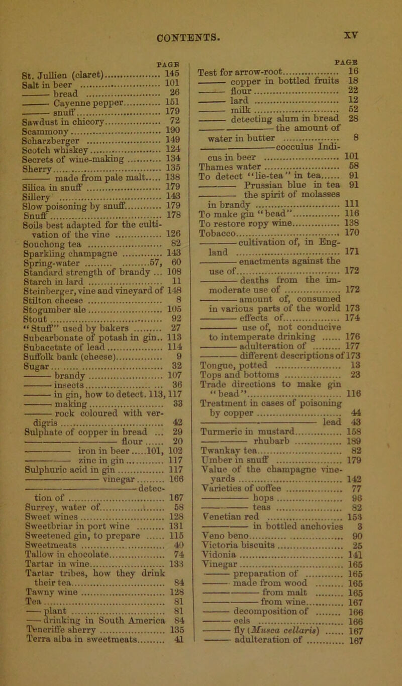 PAGE St. Jullien (claret) Salt in beer bread Cayenne pepper snuff' Sawdust in chicory Scammony Scharzberger Scotch whiskey Secrets of wiue-making Sherry made from pale malt. Silica in snuff Sillery Slow poisoning by snuff. Snuff 145 101 26 151 179 72 190 149 124 134 135 138 179 143 179 178 8oils best adapted for the culti- vation of the vine 126 Souchong tea 82 Sparkling champagne 143 Spring-water 57, 60 Standard strength of brandy ... 108 Starch in lard 11 Steinberger, vine and vineyard of 148 Stilton cheese 8 8togumber ale 105 Stout 92 “ Stuff” used by bakers 27 Subcarbonate of potash in gin.. 113 Subacetate of lead 114 Suffolk bank (cheese) 9 8ugar 32 brandy 107 insects 36 in gin, how to detect. 113,117 making 33 rock coloured with ver- digris 42 Sulphate of copper in bread ... 29 — flour 20 iron in beer 101, 102 zinc in gin 117 Sulphuric acid in gin 117 vinegar 166 detec- tion of 167 Surrey, water of. t 58 Sweet wines 128 Sweetbriar in port wine 131 Sweetened gin, to prepare 115 Sweetmeats 40 Tallow in chocolate 74 Tartar in wine 133 Tartar tribes, how they drink their tea 84 Tawny wine 128 Tea 81 plant 81 — drinking in South America 84 Teneritfe sherry 135 Terra alba in sweetmeats 41 PAGE Test for arrow-root 16 copper in bottled fruits 18 flour 22 lard 12 milk 52 detecting alum in bread 28 water in butter 8 cocculus Indi- cus in beer 101 Thames water 68 To detect “lie-tea” in tea 91 Prussian blue in tea 91 the spirit of molasses in brandy Ill To make gin “bead” 116 To restore ropy wine 138 Tobacco 170 cultivation of, in Eng- land 171 enactments against the use of 172 deaths from the im- moderate use of 172 -amount of, consumed in various parts of the world 173 effects of 174 use of, not conducive to intemperate drinking 176 adulteration of 177 different descriptions of 173 Tongue, potted 13 Tops and bottoms 23 Trade directions to make gin “bead’’ 116 Treatment in cases of poisoning by copper 44 lead 43 Turmeric in mustard 158 rhubarb 189 Twnnkay tea 82 Umber in snuff 179 Value of the champagne vine- yards 142 Varieties of coffee 77 hops 96 teas 82 Venetian red 153 in bottled anchovies 3 Veno beno 90 Victoria biscuits 25 Vidonia 141 Vinegar 165 preparation of 165 made from wood 165 from malt 165 — from wine 167 decomposition of 166 eels 166 fly {Musca cellarU) 167 adulteration of 167