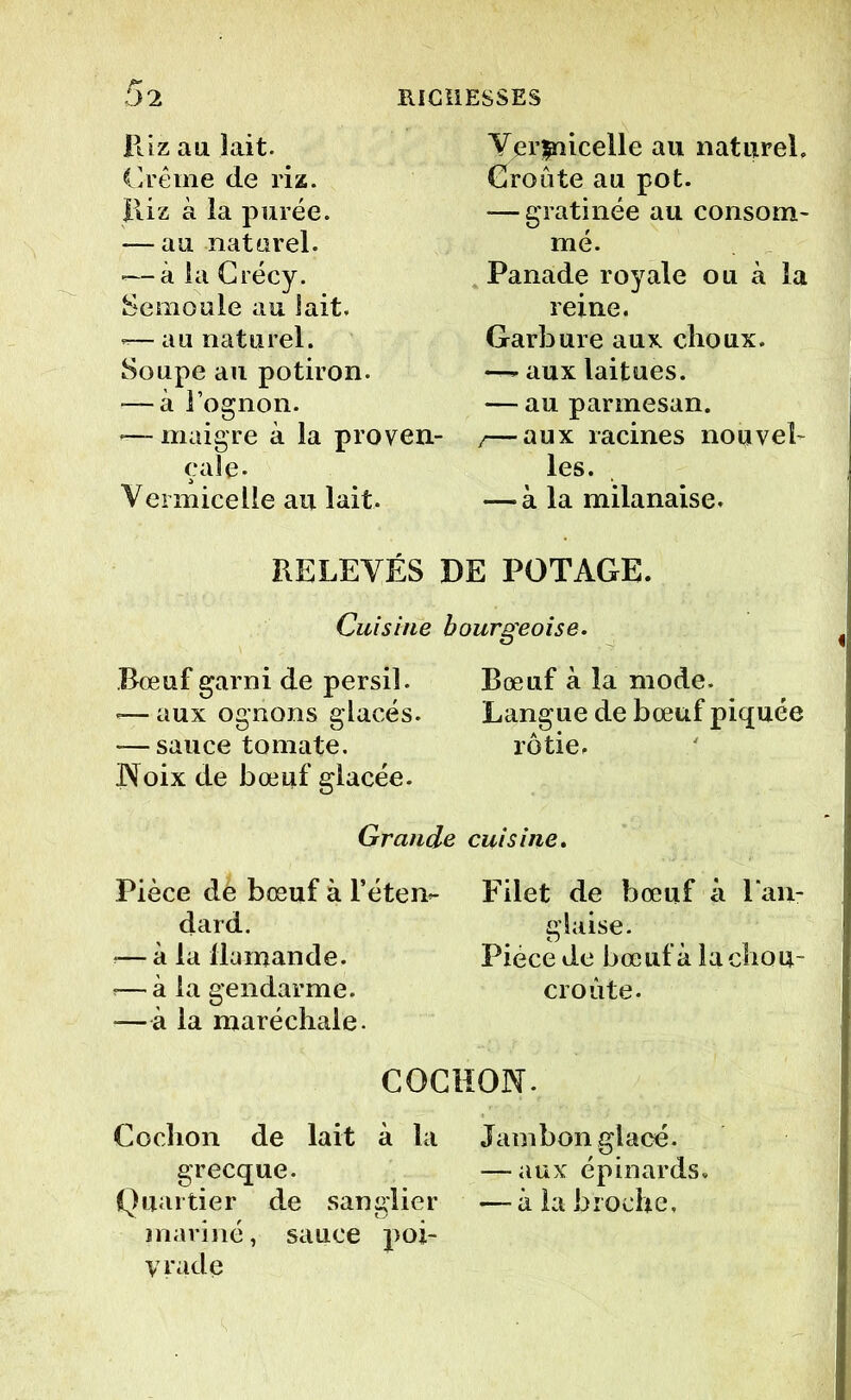 Riz au lait. Crème de riz. Riz à la purée. — au naturel. «—à la Crécy. Semoule au lait. — au naturel. Soupe au potiron. — à Pognon. •— maigre à la proven- çale- Vermicelle au lait. Vermicelle au naturel. Croûte au pot. — gratinée au consom- mé. Panade royale ou à la reine. Garbure aux choux. —- aux laitues. — au parmesan. /—aux racines nouvel- les. •—à la milanaise. RELEVÉS DE POTAGE. Cuisine bourgeoise. Bœuf garni de persil. Bœuf à la mode. -—aux ognons glacés. Langue de bœuf piquée -—sauce tomate. rôtie. Noix de bœuf glacée. Grande cuisine. Pièce dê bœuf à l’éten- dard. *— à la flamande. «■—à la gendarme. —à la maréchale. Filet de bœuf à l'an- glaise. Pièce de bœuf à la chou croûte. COCHON. Cochon de lait à la grecque. Quartier de sanglier mariné, sauce poi- vrade Jambon glacé. — aux épinards. — à la broche.