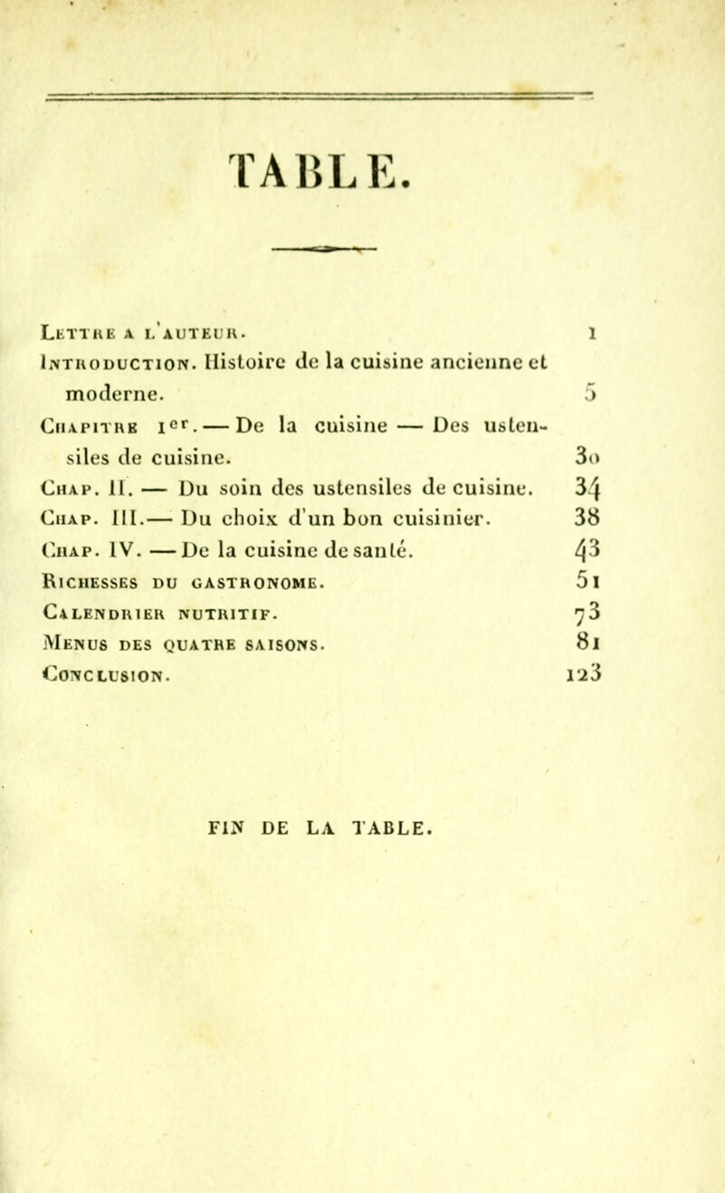 TABLE. LfcTTHE A L’AUTEUR- 1 Introduction. Histoire de la cuisine ancienne et moderne. 5 Chapitre Ier. — De la cuisine — Des usten- siles de cuisine. 3o Chap. II. — Du soin des ustensiles de cuisine. 34 Ciiap. III.— Du choix d’un bon cuisinier. 38 Ch a p. IV. —De la cuisine de santé. 4^ Richesses du gastronome. 5l Calendrier nutritif. ^3 Menus des quatre saisons. 8i Conclusion. 123 FIN DE LA TABLE.