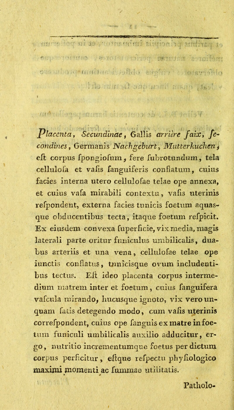Placenta, Secundinae, Gallis arrilre faix, fe~ condines, Germanis Nachgcburt , Mutterkuchen $ elt corpus fpongiofum, fere fubrotundum, tela cellulofa et vahs fanguiferis conflatum, cuius facies interna utero cellulofae telae ope annexa, et cuius vafa mirabili contextu, vafis uterinis refpondent, externa facies tunicis foetum aquas- que obducentibus tecta, itaque foetum refpicit. Ex eiusdem convexa fuperneie, vix media, magis laterali parte oritur funiculus umbilicalis, dua- bus arteriis et una vena, cellulofae telae ope iunctis conflatus, tnnicisque ovum includenti- bus tectus. Eli ideo placenta corpus interme- dium matrem inter et foetum, cuius fanguifera vafcula mirando, hucusque ignoto, vix vero un- quam fatis detegendo modo, cum valis uterinis correfpondent, cuius ope fanguis ex matre in foe- tum funiculi umbilicalis auxilio adducitur, er- go , nutritio incrementumque foetus per dictum corpus perficitur, eftque refpectu phyliologico maximi momenti ac fummae utilitatis. Palliolo-