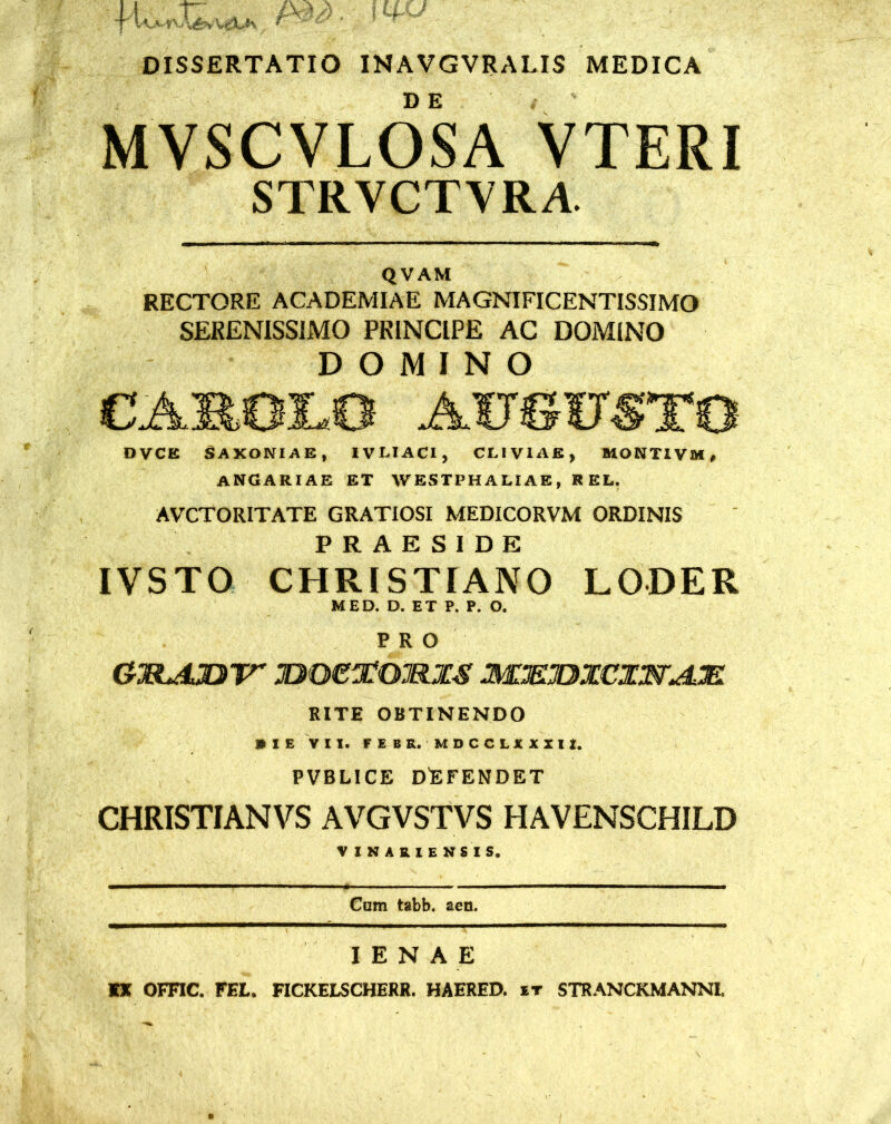 DISSERTATIO INAVGVRALIS MEDICA MVSCVLOSA VTERI STRVCTYRA. QVAM RECTORE ACADEMIAE MAGNIFICENTISSIMO SERENISSIMO PRINCIPE AC DOMINO DOMINO CA1UXLO AU61TST0 D VCE SAXONTAE, IVLIACI, CLIVIAE, MONTI VM, angariae et westphaliae, rel. AVCTORITATE GRATIOSI MEDICORVM ORDINIS PRAESIDE IVSTO CHRISTIANO LODER MED. D. ET P. P. O. PRO GlELdJD TT IDOetfQMXS MnEJDXCXXrjUR RITE OBTINENDO * I E VII. F E B R. MDCCLXXXtt. PVBLICE DEFENDET CHRISTIANVS AVGVSTVS HAVENSCHILD VINARIENSIS. Cum tabb. aen. IENAE IX OFFIC. FEL. FICKELSCHERR. HAERED. et STRANCKMANNL