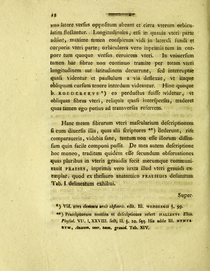 vito latere verfus oppofitum abeant et circa vterum orbicu- iatim fleftantur. Longitudinales, etfi in quauis vteri parte adfuit, maxime tamen confpicuas vidi in laterali fundi et corporis vteri parte; orbiculares vero inprimis tum in cor- pore tum quoque verfus ceruicem vteri. In vniuerfum tamen hae fibrae non continuo tramite per totam vteri longitudinem aut latitudinem decurrunt, fed interruptae quafi videntur et paullulum a via deflexae, vt itaque obliquum curium tenere interdum videantur. Hinc quoque b. roederervs *) eo perdu&us fuiffe 5videtur, vt obliquas fibras vteri, reliquis quafi interfperfas, traderet quas tamen ego potius ad transverfas referrem. Hanc meam fibrarum vteri mafcularium defcriptionem (i cum diuerfis illis, quas alii fcriptores **) dederunt, rite comparaueris, videbis fane, tantum non efle illorum diffen- fum quin facile componi poflit. De mea autem defcriptione hoc moneo, traditam quidem effe fecundum obferuationes 4quas pluribus in vteris grauidis fecit mecumque communi- eauit praeses, inprimis vero iuxta illud vteri grauidi ex- emplar, quod ex thefauro anatomico praesidis defumtum Tab. i. delineatum exhibui. Super- *) Vid. Eiri tltift&ti* 'artis obftetric. edit. 111. wrisbergii §4 99. **) Praecipuorum nomina et deferiptioues refert hallervs Elcm» Fkyjiel. VI!. 1# XXVIII. fea^ II. §. 10. fqq. His adde 111. hvnti