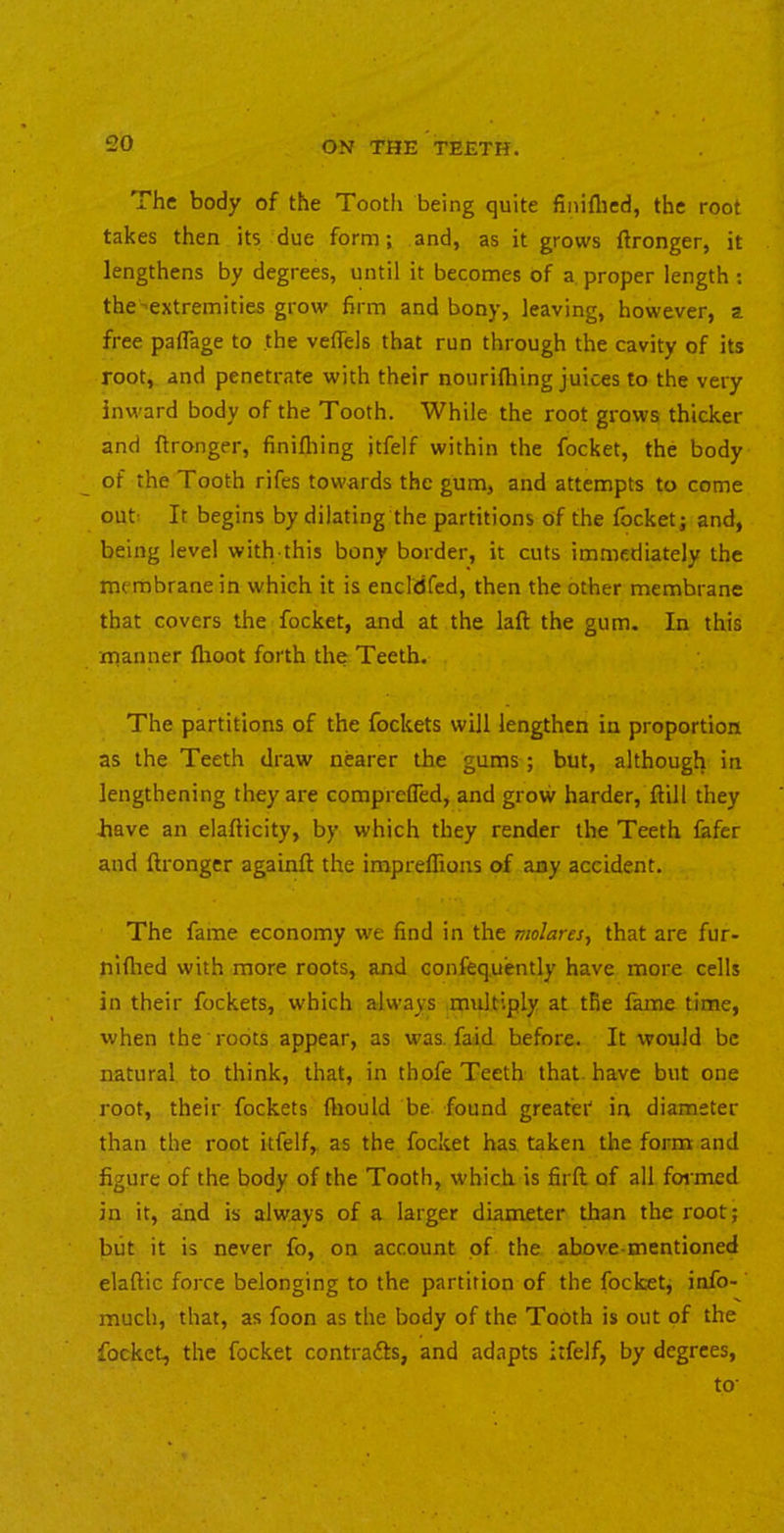 The body of the Tooth being quite finiflied, the root takes then its due form; and, as it grows ftronger, it lengthens by degrees, until it becomes of a proper length : the-extremities grow firm and bony, leaving, however, a free paflTage to the veffels that run through the cavity of its root, and penetrate with their nourifliing juices to the very inward body of the Tooth. While the root grows thicker and ftronger, finifliing itfelf within the focket, the body of the Tooth rifes towards the gum, and attempts to come out' It begins by dilating the partitions of the focket; and, being level with this bony border, it cuts immediately the membrane in which it is encldfcd, then the other membrane that covers the focket, and at the laft the gum. In this manner flroot forth the Teeth. The partitions of the fockets will lengthen in proportion as the Teeth draw nearer the gums ; but, although in lengthening they are comprefled, and grow harder, ftill they have an elafticity, by which they render the Teeth iafer and ftronger againft the iraprellions of any accident. The fame economy we find in the molareSf that are fur- niflied with more roots, and confequently have more cells in their fockets, which always multiply at the fame time, when the roots appear, as was. faid before. It would be natural to think, that, in thofe Teeth that, have but one root, their fockets ftiould be found greatet in diameter than the root itfelf, as the focket has taken the form and figure of the body of the Tooth, which, is firft of all formed in it, and is always of a larger diameter than the root; blit it is never fo, on account of the above-mentioned elaftic force belonging to the partition of the focket, info- much, that, as foon as the body of the Tooth is out of the focket, the focket contrafts, and adapts itfelf, by degrees, to'