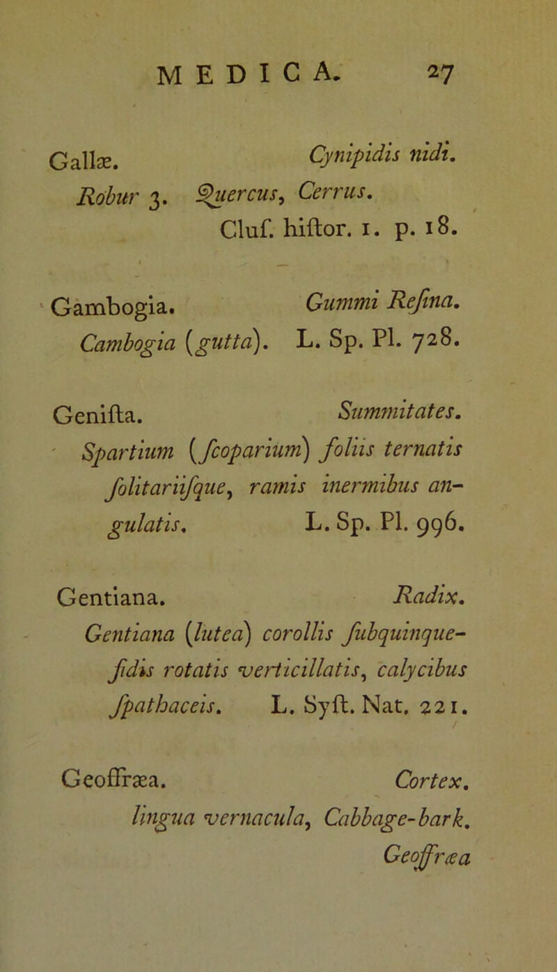 Gallae. Cynipidis nidi. Robur 3. Quercus, Cerrus. Cluf. hiftor. 1. p. 18. Gambogia. Gummi Rejina. Cambogia [gutta). L. Sp. Pl. 728. Genifta. Summitates. Spartium [fcoparium) foliis ternatis folit ariifque, ramis inermibus an- gulatis. L. Sp. Pl. 996. Gentiana. Radix. Gentiana [lutea) corollis fubquinque- fidis rotatis verticillatis, calycibus fpathaceis. L. Syft. Nat. 221. Geoflraea. Cortex, lingua vernacula, Cabbage-bark. Geoffrcea