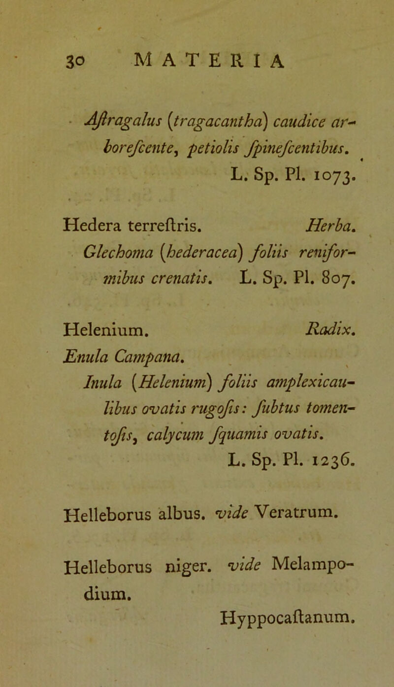 Afragalus (tragacantha) caudice ar- borefcente, petiolis fpinefcentibus. L. Sp. Pl. 1073. Hedera terreftris. Herba. Glechoma (hederacea) foliis renifor- mibus crenatis. L. Sp. Pl. 807. Helenium. Radix. Enula Campana. Inula (Helenium) foliis amplexicau- libus ovatis rugofis: fubtus tomen- tofis, calycum fquamis ovatis. L. Sp. Pl. 1236. Helleborus albus, vide Veratrum. Helleborus niger, vide Melampo- dium. Hyppocaftanum.