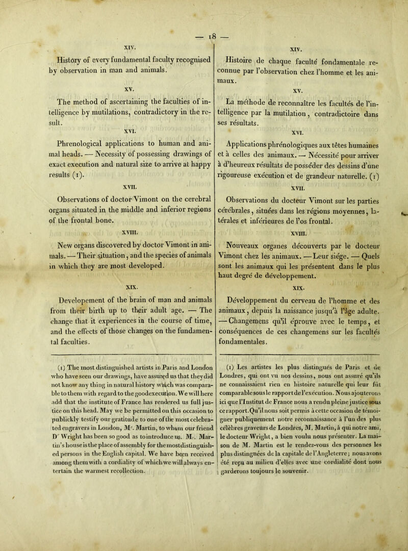 XIV. History of every fundamental faculty recognised by observation in man and animals. XV. The method of ascertaining the faculties of in- telligence by mutilations, contradictory in the re- sult. XVI. Phrenological applications to human and ani- mal heads. — Necessity of possessing drawings of exact execution and natural size to arrive at happy results (i). XVII. Observations of doctor Vimont on the cerebral organs situated in the middle and inferior regions of the frontal bone. XVIII. New organs discovered by doctor Vimont in ani- mals. — Their situation, and the species of animals in which they are most developed. XIX. Developement of the brain of man and animals from their birth up to their adult age. — The change that it experiences in the course of time, and the etfects of those changes on the fundamen- tal faculties. (i) The most distinguished artists in Paris and London who have seen our drawings, have assured us that they did not know any thing in natural histoi’y which was compara- ble to them with regard to the goodexecutlon. We will here add that the institute of France has rendered us full jus- tice on this head. May we be permitted on this occasion to publickly testify our gratitude to one of the most celebra- ted engravers in London, M’’. Martin, towliQin our friend D ' Wright has been so good as to introduce us. Mr. Mar- lin’s house is the place of assembly for themostdistinguish- ed persons in the English capital. We have bepn received among them with a cordiality of which we will always en- tertain the warmest recollection. XIV. Histoire de chaque faculte fondamentale re- connue par 1 observation chez I’homme et les ani- maux. XV. La methode de reconnaitre les faculte's de I’in- telligence par la mutdation, contradictoire dans ses re'sultats. XVI. Applications phrenologiques aux tetes bumaines et a celles des animaux. — Ne'cessite' pour arriver a d’heureux resuitats de posseder des dessins d’une rigoureuse exe'eution et de grandeur naturelle. (i) XVII. Observations du docteur Vimont stir les parties cere'brales, situdes dans les re'gions moyennes, la- te'rales et infe'rieures de I’os frontal. xvin. Nouveaux organes de'couverts par le docteur Vimont chez les animaux. —Leur siege. — Quels sont les animaux qui les pre'sentent dans le plus haut degre de developperaent. XIX. De'veloppement du cerveau de I’homme et des animaux, depuis la naissance jusqtfa Page adulte. — Ghangemens qu’il eprouve avec le temps, el conse'quences de ces changemens sur les facultes fondamentales. (i) Les artistes les plus distingues de Paris et de Londres, qui ont vu nos dessins, nous out assure qu’ils ne connaissaient rien en histoire naturelle qui leur fut comparable sous le rapport del’exe'cution. Nous ajouterons ici que I’lnstitut de France nous a rendu pleine justice sous cerapport.Qu’ilnous soitpermis a cette occasion de temoi- gner publiquement notre reconnaissance a Tun des plus ce'lebres graveursde Londres, M. Martin, a qui notre ami, le docteur Wright, a bien voulu nous presenter. La mai- son de M. Martin est le rendez-vous des pei'sonnes les plus distingnees dela capitale del’Angleterre; nousavons ete refu au milieu d’ellcs avec une cordialite dont nous 1 garderons toujours le souvenir.