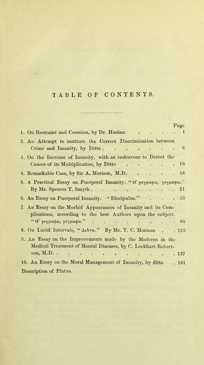 TABLE OF CONTENTS. Page 1. On Restraint and Coercion, by Dr. Haslani . . . . 1 2. An Attempt to institute the Correct Discrimination between Crime and Insanity, by Ditto 6 3. On the Increase of Insanity, with an endeavour to Detect the Causes of its Multiplication, by Ditto 10 4. Remarkable Case, by Sir A. Morison, M.D 18 5. A Practical Essay on Puerperal Insanity. “ O' ytypatpa, yiypa<pa.” By Mr. Spencer T. Smyth ........ 21 6. An Essay on Puerperal Insanity. “ Discipulus.” . . .55 7- An Essay on the Morbid Appearances of Insanity and its Com- plications, according to the best Authors upon the subject. “ O' ytypcKpa, ytypa<pa.” ........ 85 8. On Lucid Intervals, “A e\ra.” By Mr. T. C. Morison . . 123 9. An Essay on the Improvements made by the Moderns in the Medical Treatment of Mental Diseases, by C. Lockhart Robert- son, M.D 137 10. An Essay on the Moral Management of Insanity, by ditto . 161 Description of Plates.