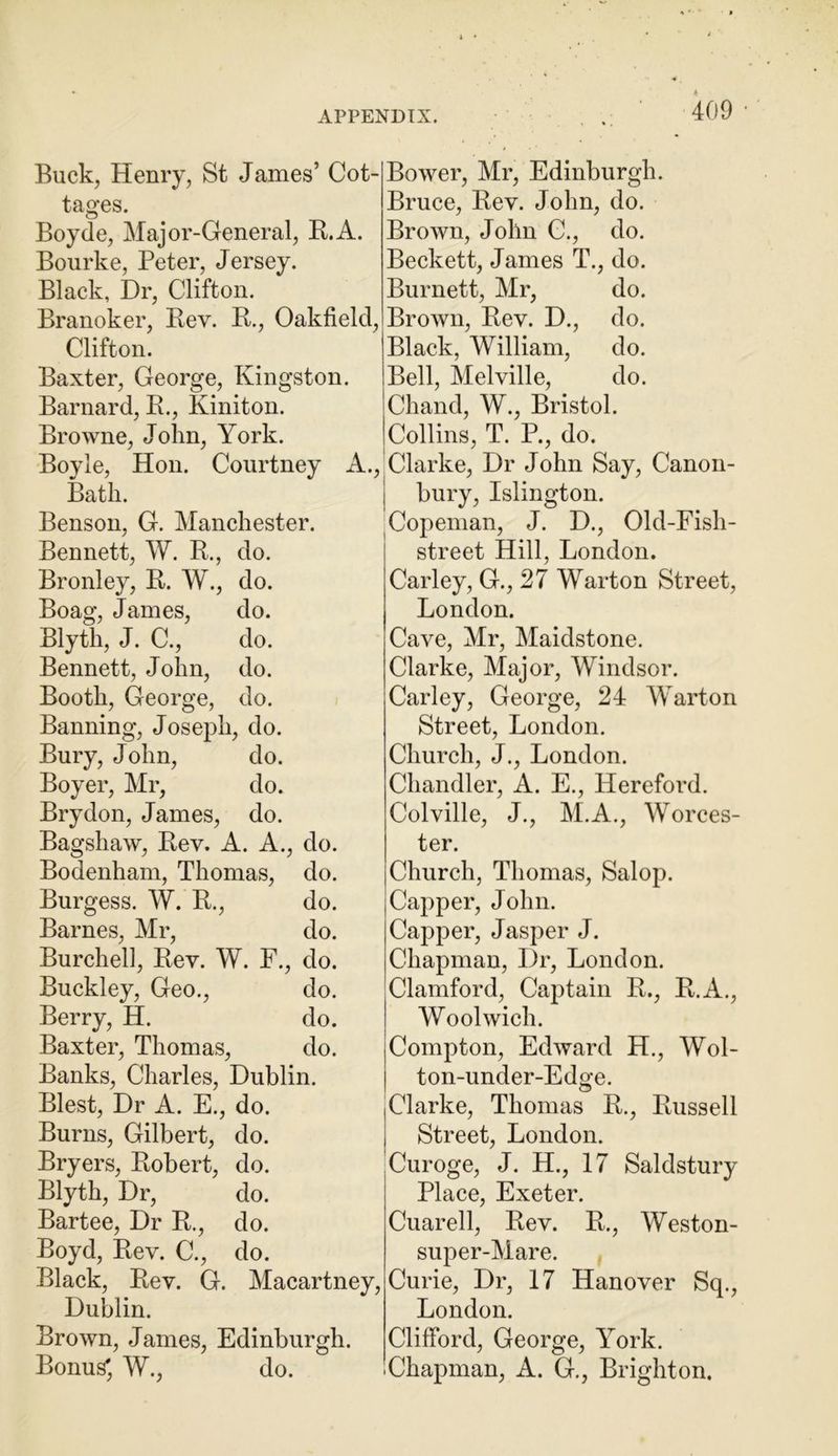 Buck, Henry, St James’ Cot- tages. Boyde, Major-General, B.A. Bourke, Peter, Jersey. Black, Dr, Clifton. Branoker, Bev. B., Oakfield, Clifton. Baxter, George, Kingston. Barnard, B., Kiniton. Browne, John, York. Boyle, Hon. Courtney A., Bath. Benson, G. Manchester. Bennett, W. B., do. Bronley, B. W., do. Boag, James, do. Blyth, J. C., do. Bennett, John, do. Booth, George, do. Banning, Joseph, do. Bury, John, do. Boyer, Mr, do. Brydon, James, do. Bagshaw, Bev. A. A., do. Bodenham, Thomas, do. Burgess. W. B., do. Barnes, Mr, do. Burchell, Bev. W. F., do. Buckley, Geo., do. Berry, H. do. Baxter, Thomas, do. Banks, Charles, Dublin. Blest, Dr A. E., do. Burns, Gilbert, do. Bryers, Bobert, do. Blyth, Dr, do. Bartee, Dr B., do. Boyd, Bev. C., do. Black, Bev. G. Macartney, Dublin. Brown, James, Edinburgh. Bonus', W., do. Bower, Mr, Edinburgh. Bruce, Bev. John, do. Brown, John C., do. Beckett, James T., do. Burnett, Mr, do. Brown, Bev. D., do. Black, William, do. Bell, Melville, do. Chand, W., Bristol. Collins, T. P., do. Clarke, Dr John Say, Canon- bury, Islington. Copeman, J. D., Old-Fish- street Hill, London. Carley, G., 27 Warton Street, London. Cave, Mr, Maidstone. Clarke, Major, Windsor. Carley, George, 24 Warton Street, London. Church, J., London. Chandler, A. E., Hereford. Colville, J., M.A., Worces- ter. Church, Thomas, Salop. Capper, John. Capper, Jasper J. Chapman, Dr, London. Clamford, Captain B., B.A., Woolwich. Compton, Edward H., Wol- ton-under-Edge. Clarke, Thomas B., Bussell Street, London. Curoge, J. H., 17 Saldstury Place, Exeter. Cuarell, Bev. B., Weston- super-Mare. Curie, Dr, 17 Hanover Sq., London. Clifford, George, York. Chapman, A. G., Brighton.