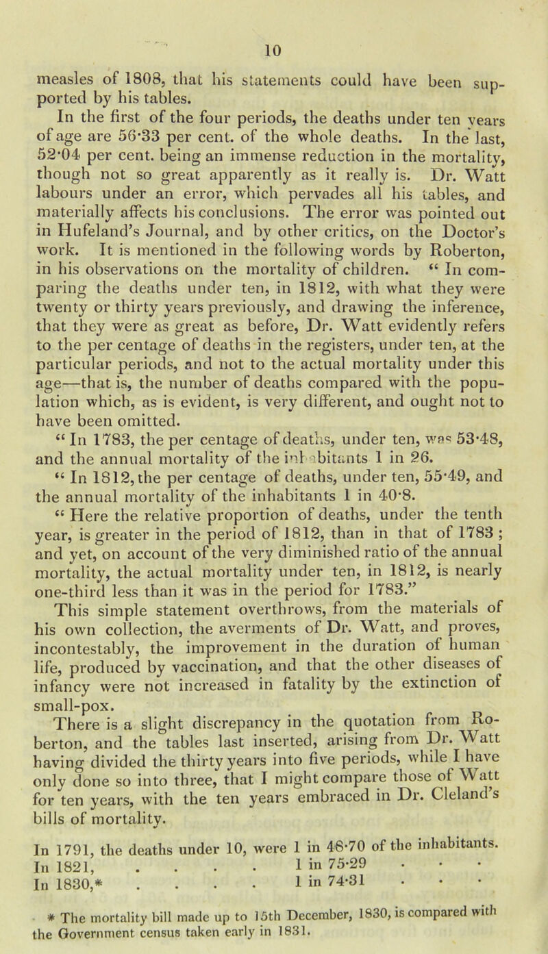 measles of 1808, that his statements could have been sup- ported by his tables. In the first of the four periods, the deaths under ten years of age are 56*33 per cent, of the whole deaths. In the last, 52*04 per cent, being an immense reduction in the mortality, though not so great apparently as it really is. Dr. Watt labours under an error, which pervades all his tables, and materially affects his conclusions. The error was pointed out in Hufeland’s Journal, and by other critics, on the Doctor’s work. It is mentioned in the following words by Roberton, in his observations on the mortality of children. “ In com- paring the deaths under ten, in 1812, with what they were twenty or thirty years previously, and drawing the inference, that they were as great as before, Dr. Watt evidently refers to the per centage of deaths in the registers, under ten, at the particular periods, and not to the actual mortality under this age—that is, the number of deaths compared with the popu- lation which, as is evident, is very different, and ought not to have been omitted. “ In 1783, the per centage of deaths, under ten, was 53*48, and the annual mortality of the ini bitants 1 in 26. “ In 1812, the per centage of deaths, under ten, 55*49, and the annual mortality of the inhabitants 1 in 40*8. “ Here the relative proportion of deaths, under the tenth year, is greater in the period of 1812, than in that of 1783 ; and yet, on account of the very diminished ratio of the annual mortality, the actual mortality under ten, in 1812, is nearly one-third less than it was in the period for 1783.” This simple statement overthrows, from the materials of his own collection, the averments of Dr. Watt, and proves, incontestably, the improvement in the duration of human life, produced by vaccination, and that the other diseases of infancy were not increased in fatality by the extinction of small-pox. There is a slight discrepancy in the quotation from Ro- berton, and the tables last inserted, arising from Dr. Watt having divided the thirty years into five periods, while I have only done so into three, that I might compare those of Watt for ten years, with the ten years embraced in Dr. Cleland’s bills of mortality. In 1791, the deaths under 10, were 1 in 46*70 of the inhabitants. In 1821, . . . • 1 in 75*29 In 1830,* .... 1 in 74*31 * The mortality bill made up to 15th December, 1830, is compared with the Government census taken early in 1831.