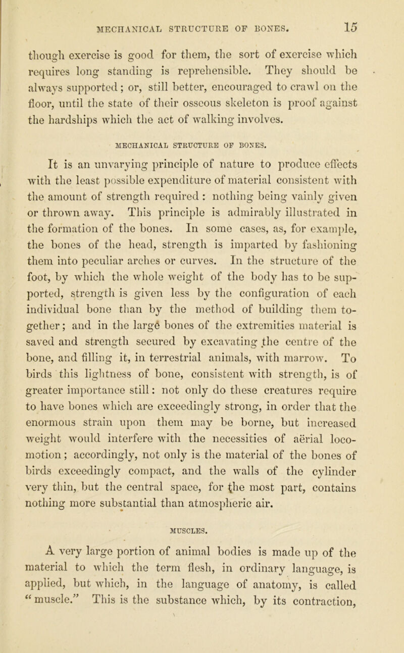 though exercise is good for them, the sort of exercise which requires long standing is reprehensible. They should be always supported; or, still better, encouraged to crawl on the floor, until the state of their osseous skeleton is proof against the hardships which the act of walking involves. MECHANICAL STRUCTURE OF BONES. It is an unvarying principle of nature to produce effects with the least ])ossible expenditure of material consistent with the amount of strength required : nothing being vainly given or thrown away. This principle is admirably illustrated in the formation of the bones. In some cases, as, for exam])le, the bones of the head, strength is imparted by fashioning them into peculiar arches or curves. In the structure of the foot, by wdiich the whole weight of the body has to be sup- ported, strength is given less by the configuration of each individual bone than by the method of building them to- gether ; and in the larg^ bones of the extremities material is saved and strength secured by excavating die centi’e of the bone, and filling it, in terrestrial animals, with marrow. To birds this liglitness of bone, consistent with strength, is of greater importance still: not only do these creatures require to have bones which are exceedingly strong, in order that the enormous strain upon them may be borne, but increased weight would interfere with the necessities of aerial loco- motion ; accordingly, not only is the material of the bones of birds exceedingly compact, and the walls of the cylinder very thin, but the central space, for ^he most part, contains nothing more substantial than atmospheric air. MUSCLES. A very large portion of animal bodies is made up of the material to which the term flesh, in ordinary language, is applied, but wdiich, in the language of anatomy, is called “ muscle.' This is the substance which, by its contraction.