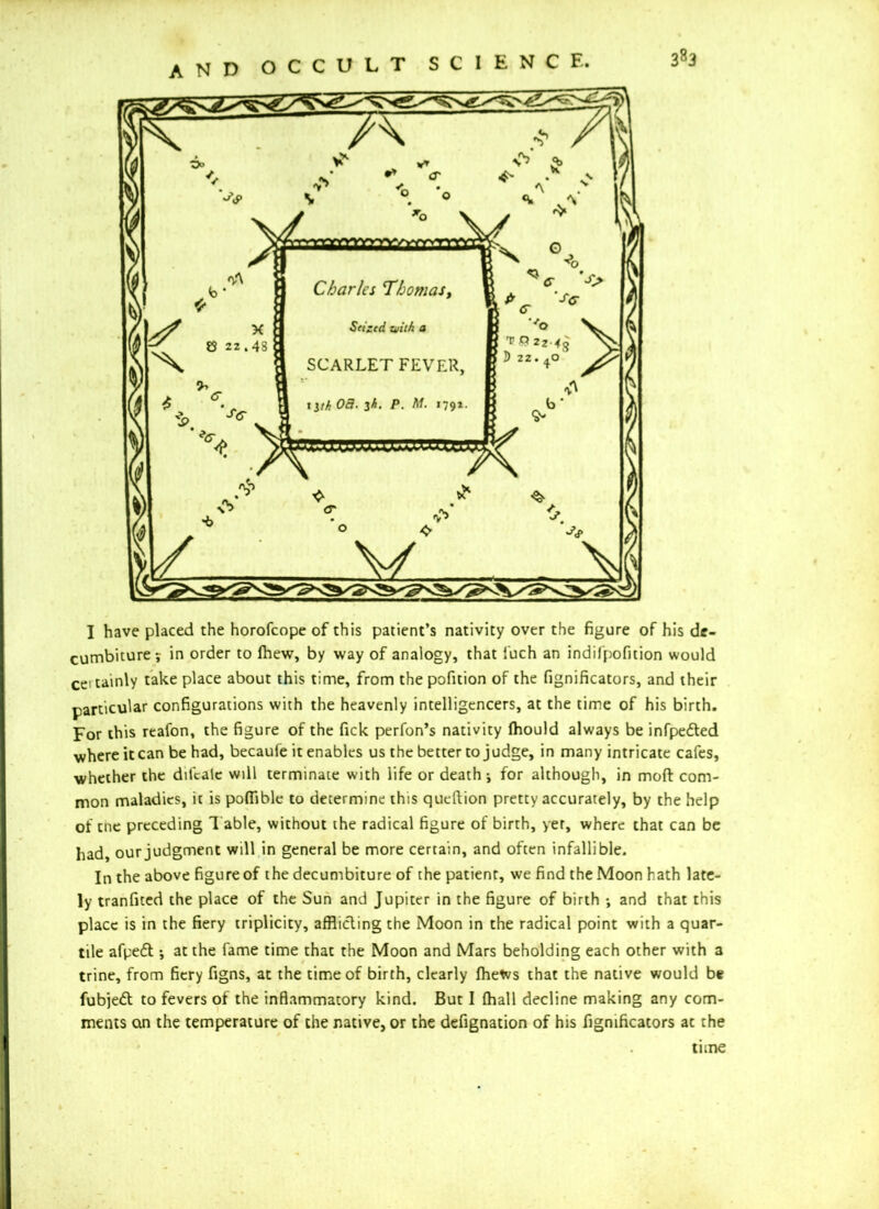 3a3 I have placed the horofcope of this patient’s nativity over the figure of his de- cumbiture; in order to fhew, by way of analogy, that fuch an indifpofition would Ceitainly take place about this time, from the pofition of the fignificators, and their particular configurations with the heavenly intelligencers, at the time of his birth. For this reafon, the figure of the Tick perfon’s nativity fhould always be infpefted where it can be had, becaufe it enables us the better to judge, in many intricate cafes, whether the difcaie will terminate with life or death j for although, in mod com- mon maladies, it is pofiible to determine this queftion pretty accurately, by the help of cue preceding Table, without the radical figure of birth, yet, where that can be had, our judgment will in general be more certain, and often infallible. In the above figure of the decumbiture of the patient, we find the Moon hath late- ly tranfitcd the place of the Sun and Jupiter in the figure of birth ; and that this place is in the fiery triplicity, afflicting the Moon in the radical point with a quar- tile afpeft; at the fame time that the Moon and Mars beholding each other with a trine, from fiery figns, at the time of birth, clearly fhews that the native would be fubjedt to fevers of the inflammatory kind. But I {hall decline making any com- ments an the temperature of the native, or the defignation of his fignificators at the time