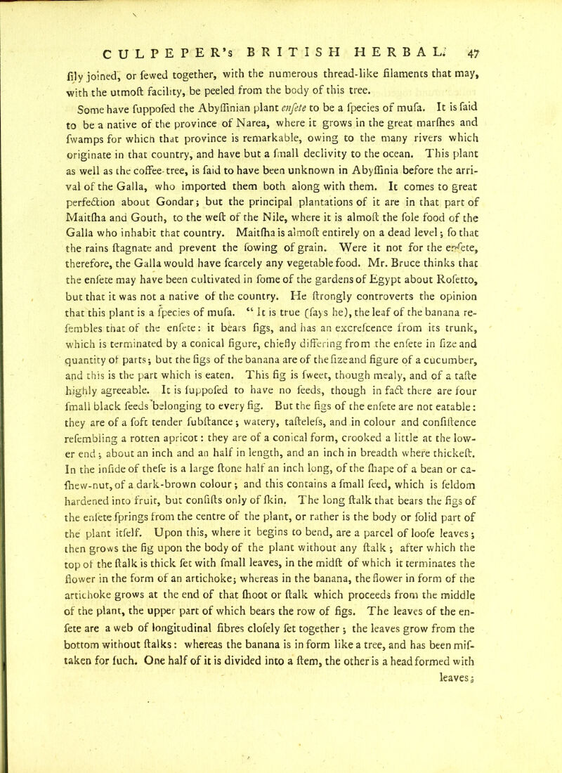 \ CULPEPER’S BRITISH HERBAL. 47 lily joined, or fewed together, with the numerous thread-like filaments that may, with the utmoft facility, be peeled from the body of this tree. Some have fuppofed the Abyfiinian plant enfete to be a fpecies of mufa. It is faid to be a native of the province of Narea, where it grows in the great marfhes and fwamps for which that province is remarkable, owing to the many rivers which originate in that country, and have but a fmall declivity to the ocean. This plant as well as the coffee-tree, is faid to have been unknown in Abyffinia before the arri- val of the Galla, who imported them both along with them. It comes to great perfection about Gondar; but the principal plantations of it are in that part of Maitfha and Gouth, to the weft of the Nile, where it is almoft the foie food of the Galla who inhabit that country. Maitfha is almoft entirely on a dead level; fo that the rains ftagnate and prevent the fowing of grain. Were it not for the er^ete, therefore, the Galla would have fcarcely any vegetable food. Mr. Bruce thinks that the enfete may have been cultivated in fomeof the gardens of Egypt about Rofetto, but that it was not a native of the country. He ftrongly controverts the opinion that this plant is a fpecies of mufa. “ It is true (fays he), the leaf of the banana re- fembles that of the enfete: it bears figs, and has an excrefcence from its trunk, which is terminated by a conical figure, chiefly differing from the enfete in fizeand quantity of parts-, but the figs of the banana are of thefizeand figure of a cucumber, and this is the part which is eaten. This fig is fweet, though mealy, and of a tafte highly agreeable. It is fuppofed to have no feeds, though in fa<5t there are four fmall black feeds belonging to every fig. But the figs of the enfete are not eatable: they are of a fofc tender fubftance; watery, taftelefs, and in colour and confiftence refembiing a rotten apricot: they are of a conical form, crooked a little at the low- er end about an inch and an half in length, and an inch in breadth where thickeft. In the infide of thefc is a large ftone half an inch long, of the fhape of a bean or ca- fhevv-nut, of a dark-brown colour; and this contains a fmall feed, which is feldom hardened into fruit, but confifts only of Hein. The long ftalk that bears the figs of the enfete fprings from the centre of the plant, or rather is the body or folid part of the plant itfelf. Upon this, where it begins to bend, are a parcel of loofe leaves; then grows the fig upon the body of the plant without any ftalk ; after which the top of the ftalk is thick fet with fmall leaves, in the midft of which it terminates the flower in the form of an artichoke; whereas in the banana, the flower in form of the artichoke grows at the end of that (hoot or ftalk which proceeds from the middle of the plant, the upper part of which bears the row of figs. The leaves of the en- fete are a web of longitudinal fibres clofely fet together; the leaves grow from the bottom without ftalks: whereas the banana is in form like a tree, and has been mif- taken for fuch. One half of it is divided into a ftem, the other is a head formed with leaves a