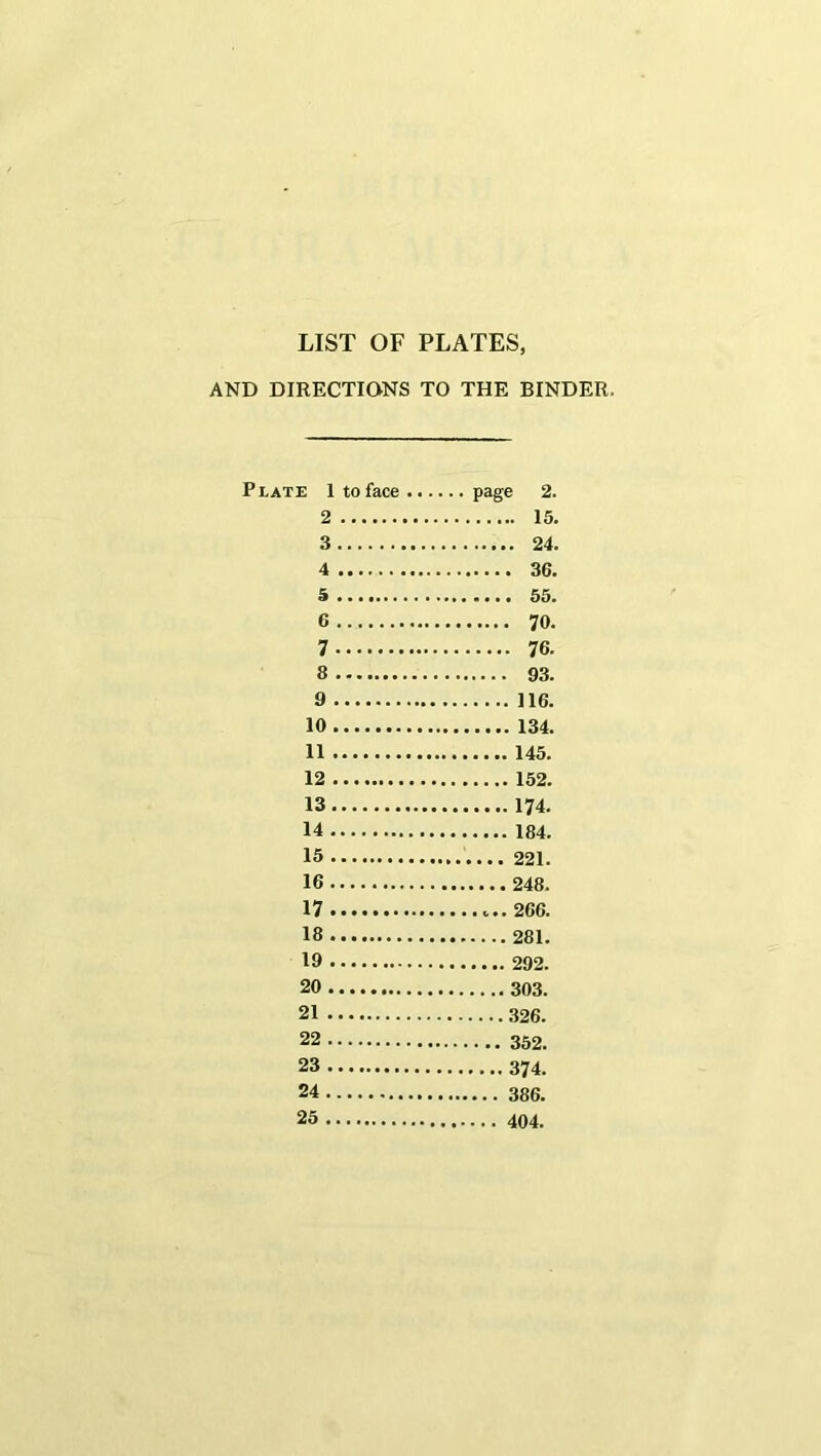 AND DIRECTIONS TO THE BINDER. Plate 1 to face page 2. 2 15. 3 24. 4 36. 5 55. 6 70. 7 76. 8 93. 9 116. 10 134. 11 145. 12 152. 13 174. 14 184. 15 221. 16 248. 17 266. 18 281. 19 292. 20 303. 21 326. 22 23 374. 24 386. 25 404.