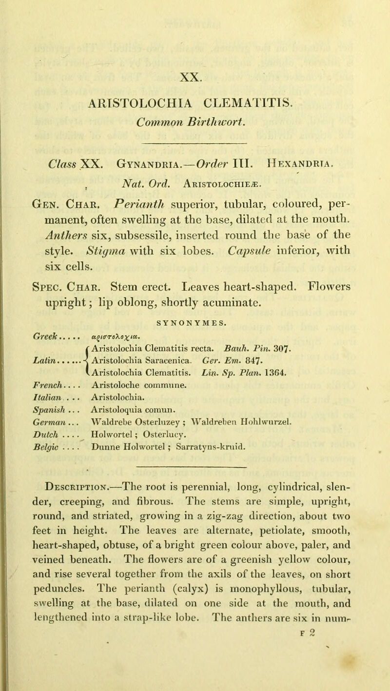 ARTSTOLOCHIA CLEMATITIS. Common Birthwort. Class XX. Gynandria.—Order III. Hexandria. , Nat. Ord. Aristolochiea:. Gen. Char. Perianth superior, tubular, coloured, per- manent, often swelling at the base, dilated at the mouth. Anthers six, subsessile, inserted round the base of the style. Stigma with six lobes. Capsule inferior, with six cells. Spec. Char. Stem erect. Leaves heart-shaped. Flowers upright; lip oblong, shortly acuminate. SYNON YMES. Greek agitrrckox in. ( Aristolochia Clematitis recta. Bauh. Pin. 307- Latin ■< Aristolochia Saracenica. Ger. Em. 847* 'Aristolochia Clematitis. Lin. Sp. Plan. 1364. French.... Aristoloche commune. Italian ... Aristolochia. Spanish... Aristoloquia comun. Germati... Waldrebe Osterluzey ; Waldreben Hohlwurzel. Dutch .... Holwortel; Osterlucy. Belgic .... Dunne Holwortel ; Sarratyns-kruid. Description.—The root is perennial, long, cylindrical, slen- der, creeping, and fibrous. The stems are simple, upright, round, and striated, growing in a zig-zag direction, about two feet in height. The leaves are alternate, petiolate, smooth, heart-shaped, obtuse, of a bright green colour above, paler, and veined beneath. The flowers are of a greenish yellow colour, and rise several together from the axils of the leaves, on short peduncles. The perianth (calyx) is monophyllous, tubular, swelling at the base, dilated on one side at the mouth, and lengthened into a strap-like lobe. The anthers are six in num-