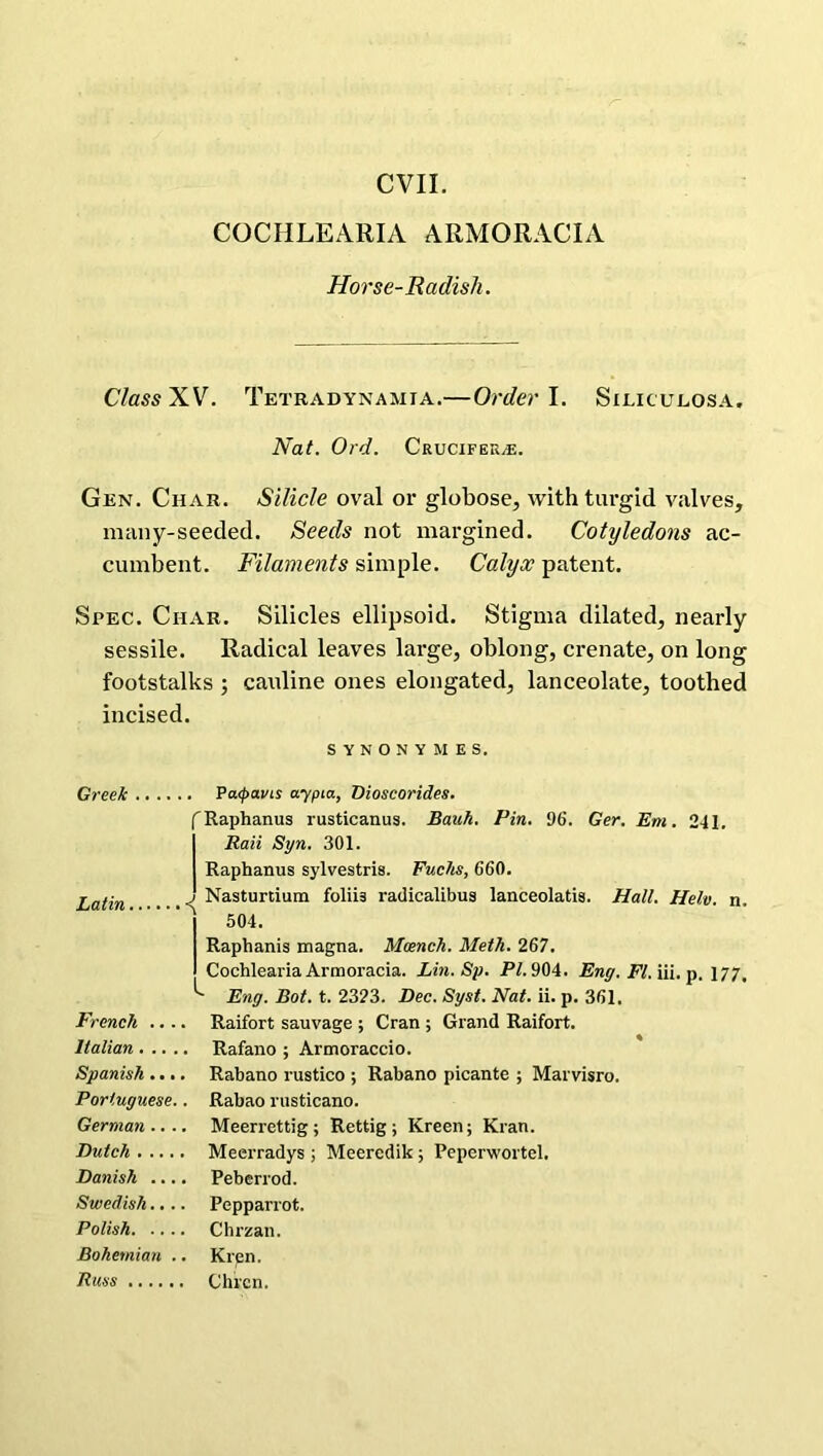 COCHLEARIA ARMORACIA Horse-Radish. Class XV. Tetradynamia.—Order I. Sieiculosa. Nat. Ord. Cruciferas. Gen. Char. Silicle oval or globose, with turgid valves, many-seeded. Seeds not margined. Cotyledons ac- cumbent. Filaments simple. Calyx patent. Spec. Char. Silicles ellipsoid. Stigma dilated, nearly sessile. Radical leaves large, oblong, crenate, on long footstalks ; cauline ones elongated, lanceolate, toothed incised. SYNONYM ES. Greek Pa<pavis aypia, Dioscorides. fRaphanus rusticanus. Bauh. Pin. 96. Ger. Em. 241. Raii Syn. 301. Raphanus sylvestris. Fuclis, 660. Latin . Nasturtium folii3 radicalibus lanceolatis. Hall. Helv. n. ^ 504. Raphanis magna. Moench. Meth. 267. Cochlearia Armoracia. Lin. Sp. PI.904. Eng. FI. iii. p. 177, ^ Eng. Bot. t. 2323. Dec. Syst. Nat. ii. p. 361. French .... Raifort sauvage ; Cran ; Grand Raifort. Italian Rafano ; Armoraccio. Spanish .... Rabano rustico ; Rabano picante ; Marvisro. Portuguese.. Rabao rusticano. German.... Meerrettig ; Rettig ; Kreen; Kran. Dutch Meerradys ; Meercdik ; Peperwortel. Danish .... Peberrod. Swedish.... Pepparrot. Polish Chrzan. Bohemian .. Kren. Russ Chrcn.