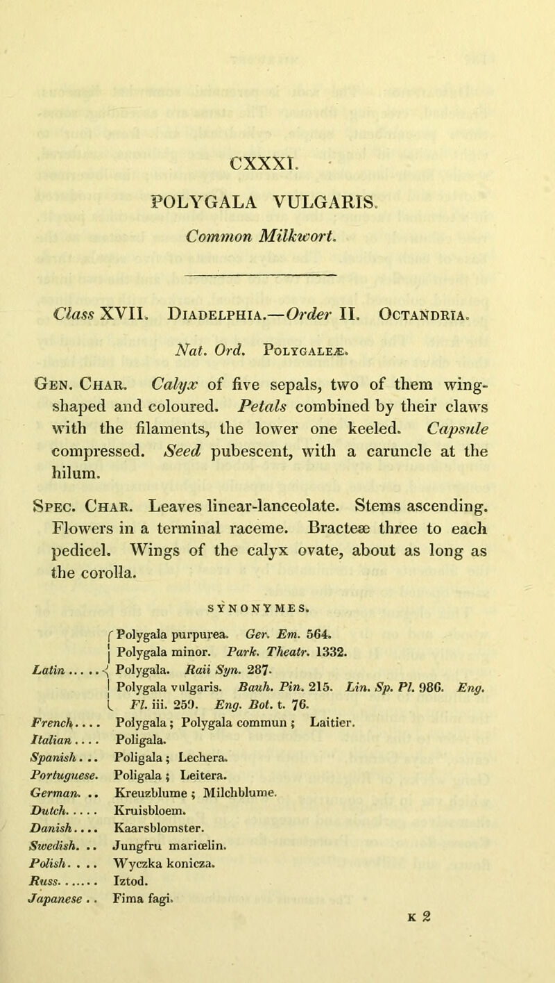 POLYGALA VULGARIS, Common Milkwort. Class XVII. Diadelphia.—Order II. Octandria. Nat. Ord. Polygalea:, Gen. Char. Calyx of five sepals, two of them wing- shaped and coloured. Petals combined by their claws with the filaments, the lower one keeled. Capsule compressed. Seed pubescent, with a caruncle at the hilum. Spec. Char. Leaves linear-lanceolate. Stems ascending. Flowers in a terminal raceme. Bractese three to each pedicel. Wings of the calyx ovate, about as long as the corolla. SYNONYM ES. f Polygala purpurea. Ger. Em. 564. j Polygala minor. Park. Theatr. 1332. Latin Polygala. Ran Syn. 287- I Polygala vulgaris. Bauli. Pin. 215. Lin. Sp. PI. 986. Eng. t FI. iii. 259. Eng. Bot. t. 70- French.... Polygala ; Polygala commun ; Laitier. Italian.... Poligala. Spanish. .. Poligala ; Lechera. Portuguese. Poligala; Leitera. German. .. Kreuzblume ; Milchblume. Dutch Kruisbloem. Danish.... Kaarsblomster. Swedish. .. Jungfru marioelin. Polish. . .. Wyczka konicza. Russ Iztod. Japanese .. Fima fagi. K 2