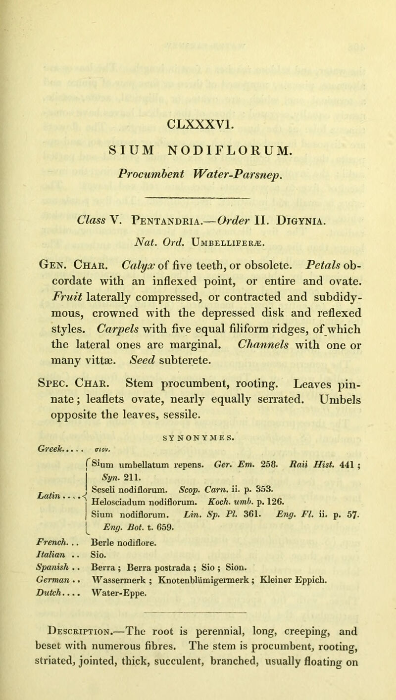 SIUM NODIFLORUM. Procumbent Water-Parsnep. Class V. Pentandria.—Order II. Digynia. Nat. Ord. Umbellifera:. Gen. Char. Calyx of five teeth, or obsolete. Petals ob- cordate with an inflexed point, or entire and ovate. Fruit laterally compressed, or contracted and subdidy- mous, crowned with the depressed disk and reflexed styles. Carpels with five equal filiform ridges, of which the lateral ones are marginal. Channels with one or many vittee. Seed subterete. Spec. Char. Stem procumbent, rooting. Leaves pin- nate ; leaflets ovate, nearly equally serrated. Umbels opposite the leaves, sessile. SYNONYM ES. Greek mo-i. f Slum umbellatum repens. Ger. Em. 258. Rati Hist. 441 ; Syn. 211. Latin J ^ese^ n°d>fl°rum- Scop. Cam. ii. p. 353. I Helosciadum nodiflorum. Koch. umh. p. 126. I Slum nodiflorum. Lin. Sp. PI. 361. Eng. El. ii. p. 57- Eng. Bot. t. 659. French. .. Berle nodiflore. Italian .. Sio. Spanish .. Berra ; Berra postrada ; Sio ; Sion. German .. Wassermerk ; Knotenbliimigermerk ; Kleiner Eppich. Dutch.... Water-Eppe. Description.—The root is perennial, long, creeping, and beset with numerous fibres. The stem is procumbent, rooting, striated, jointed, thick, succulent, branched, usually floating on