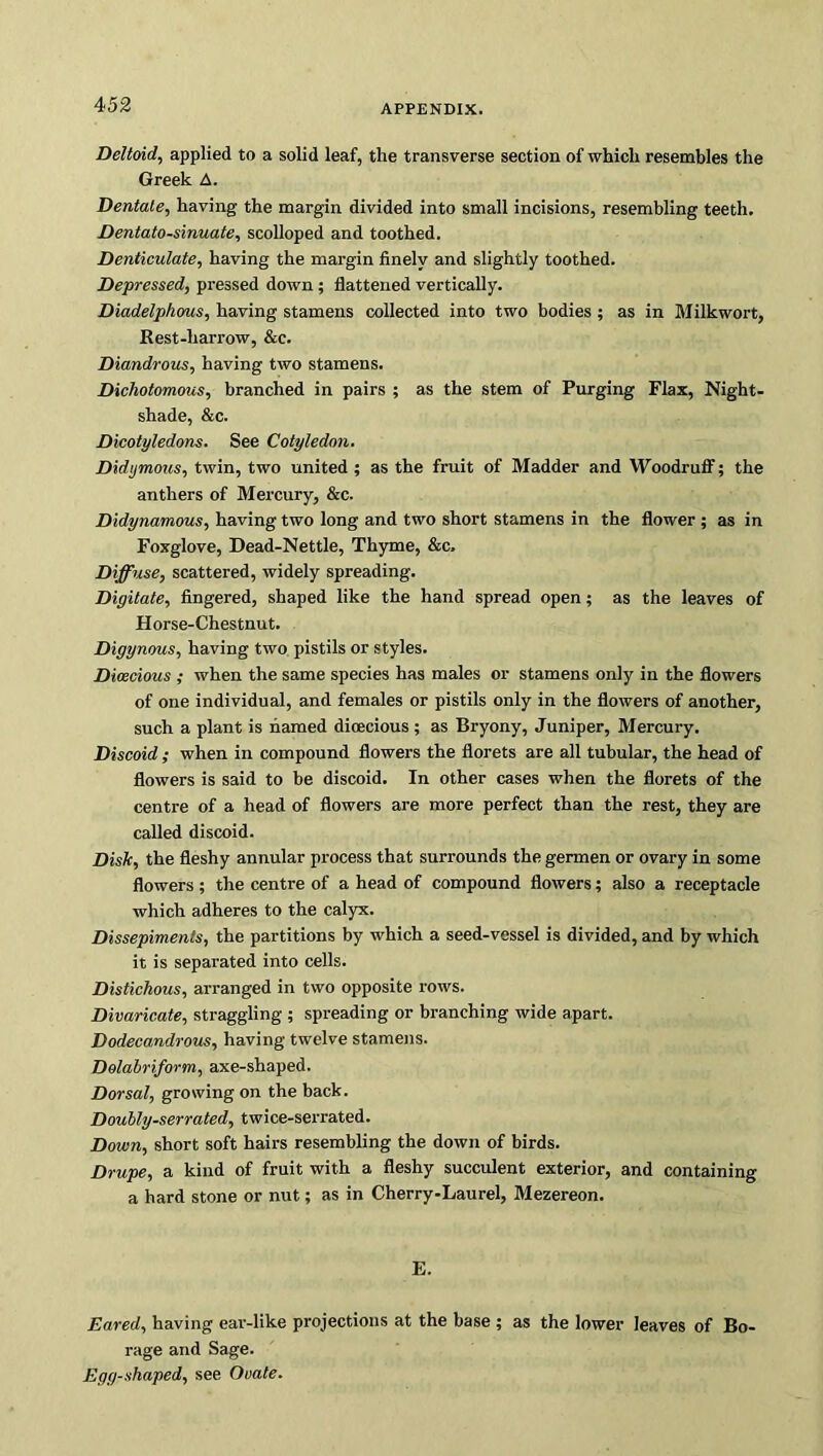 Deltoid., applied to a solid leaf, the transverse section of which resembles the Greek A. Dentate, having the margin divided into small incisions, resembling teeth. Dentato-sinuate, scolloped and toothed. Denticulate, having the margin finely and slightly toothed. Depressed, pressed down ; flattened vertically. Diadelphous, having stamens collected into two bodies; as in Milkwort, Rest-harrow, &c. Diandrous, having two stamens. Dichotomous, branched in pairs ; as the stem of Purging Flax, Night- shade, &c. Dicotyledons. See Cotyledon. Didymous, twin, two united ; as the fruit of Madder and Woodruff; the anthers of Mercury, &c. Didynamous, having two long and two short stamens in the flower ; as in Foxglove, Dead-Nettle, Thyme, &c. Diffuse, scattered, widely spreading. Digitate, fingered, shaped like the hand spread open; as the leaves of Horse-Chestnut. Digynous, having two pistils or styles. Dioecious ; when the same species has males or stamens only in the flowers of one individual, and females or pistils only in the flowers of another, such a plant is named dioecious ; as Bryony, Juniper, Mercury. Discoid; when in compound flowers the florets are all tubular, the head of flowers is said to be discoid. In other cases when the florets of the centre of a head of flowers are more perfect than the rest, they are called discoid. Disk, the fleshy annular process that surrounds the germen or ovary in some flowers; the centre of a head of compound flowers; also a receptacle which adheres to the calyx. Dissepiments, the partitions by which a seed-vessel is divided, and by which it is separated into cells. Distichous, arranged in two opposite rows. Divaricate, straggling ; spreading or branching wide apart. Dodecandrous, having twelve stamens. Dolabriform, axe-shaped. Dorsal, growing on the back. Doubly-serrated, twice-serrated. Down, short soft hairs resembling the down of birds. Drupe, a kind of fruit with a fleshy succulent exterior, and containing a hard stone or nut; as in Cherry-Laurel, Mezereon. E. Eared, having ear-like projections at the base ; as the lower leaves of Bo- rage and Sage. Egg-shaped, see Ouate.