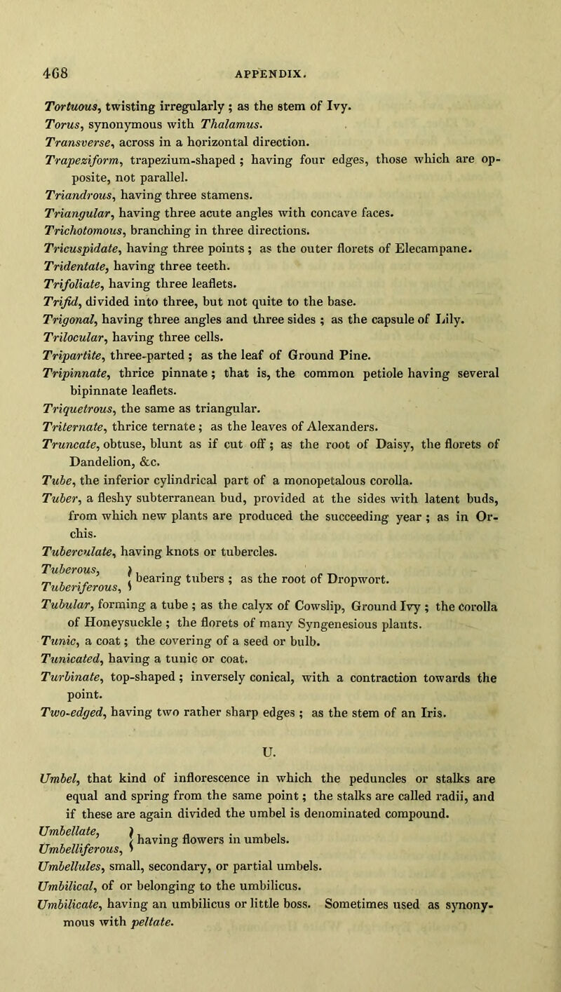 Tortuous, twisting irregularly ; as the stem of Ivy. Torus, synonymous with Thalamus. Transverse, across in a horizontal direction. Trapeziform, trapezium-shaped ; having four edges, those which are op- posite, not parallel. Triandrous, having three stamens. Triangular, having three acute angles with concave faces. Trichotomous, branching in three directions. Tricuspidate, having three points; as the outer florets of Elecampane. Tridentale, having three teeth. Trifoliate, having three leaflets. Trifid, divided into three, but not quite to the base. Trigonal, having three angles and three sides ; as the capsule of Lily. Trilocular, having three cells. Tripartite, three-parted ; as the leaf of Ground Pine. Tripinnate, thrice pinnate; that is, the common petiole having several bipinnate leaflets. Triquetrous, the same as triangular. Triternate, thrice ternate; as the leaves of Alexanders. Truncate, obtuse, blunt as if cut off; as the root of Daisy, the florets of Dandelion, &c. Tube, the inferior cylindrical part of a monopetalous corolla. Tuber, a fleshy subterranean bud, provided at the sides with latent buds, from which new plants are produced the succeeding year; as in Or- chis. Tuberculate, having knots or tubercles. Tuberous i Tuberiferous \ beav*nff tu^ers 5 as the root of Dropwort. Tubular, forming a tube ; as the calyx of Cowslip, Ground Ivy ; the Corolla of Honeysuckle ; the florets of many Syngenesious plants. Tunic, a coat; the covering of a seed or bulb. Tunicated, having a tunic or coat. Turbinate, top-shaped; inversely conical, with a contraction towards the point. Two-edged, having two rather sharp edges ; as the stem of an Iris. U. Umbel, that kind of inflorescence in which the peduncles or stalks are equal and spring from the same point; the stalks are called radii, and if these are again divided the umbel is denominated compound. Umbellate, ). . ,, . , , / having flowers in umbels. Umbelliferous, > Umbellules, small, secondary, or partial umbels. Umbilical, of or belonging to the umbilicus. Umbilicate, having an umbilicus or little boss. Sometimes used as synony- mous with peltate.