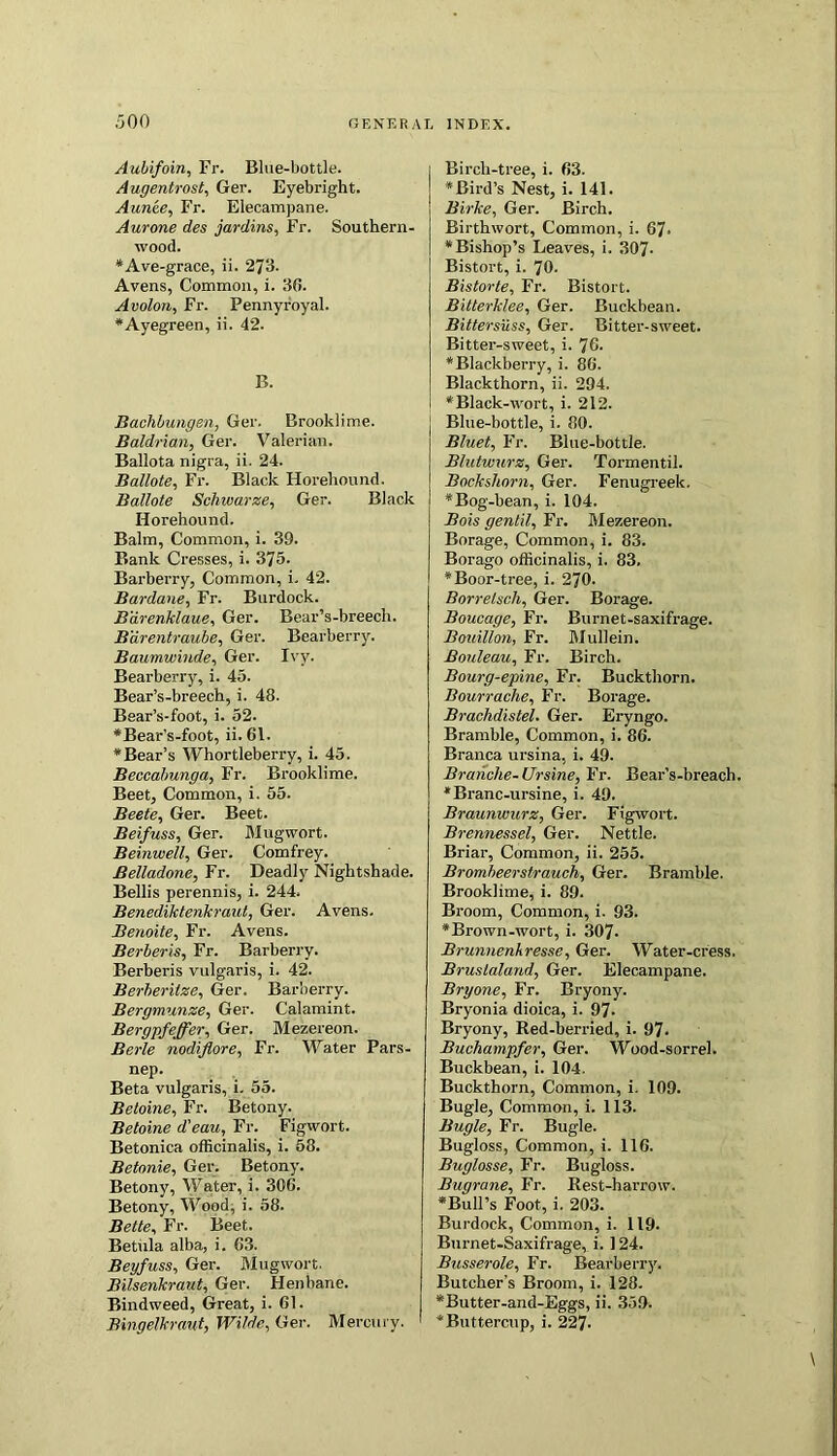 Aubifoin, Fr. Blue-bottle. Augentrost, Ger. Eyebright. Aunee, Fr. Elecampane. Aurone des jardins, Fi\ Southern- wood. *Ave-grace, ii. 273. Avens, Common, i. 30. Avolon, Fr. Pennyroyal. *Ayegreen, ii. 42. B. Bachbungen, Ger. Brooklime. Baldrian, Ger. Valerian. Ballota nigra, ii. 24. Ballote, Fr. Black Horehound. Ballote Scliwarze, Ger. Black Horehound. Balm, Common, i. 39. Bank Cresses, i. 375. Barberry, Common, i. 42. Bardane, Fr. Burdock. B'drenklaue, Ger. Bear’s-breech. Bdrentraube, Ger. Bearberry. Baumwinde, Ger. Ivy. Bearberry, i. 45. Bear’s-breech, i. 48. Bear’s-foot, i. 52. *Bear's-foot, ii. 61. * Bear’s Whortleberry, i. 45. Beccabunga, Fr. Brooklime. Beet, Common, i. 55. Beete, Ger. Beet. Beifuss, Ger. Mug wort. Beinwell, Ger. Comfrey. Belladone, Fr. Deadly Nightshade. Beilis perennis, i. 244. Benediktenkraut, Ger. Avens. Benoite, Fr. Avens. Berberis, Fr. Barberry. Berberis vulgaris, i. 42. Berberitze, Ger. Barberry. Bergmunze, Ger. Calamint. Bergpfeffer, Ger. Mezereon. Berle nodijlore, Fr. Water Pars- nep. Beta vulgaris, i. 55. Beloine, Fr. Betony. Betoine d’eau, Fr. Figwort. Betonica officinalis, i. 53. Betonie, Ger. Betony. Betony, Water, i. 300. Betony, Wood, i. 58. Bette, Fr. Beet. Betula alba, i. 63. Bey fuss, Ger. Mugwort. Bilsenkraut, Ger. Henbane. Bindweed, Great, i. 61. Bingelkraut, Wilde, Ger. Mercury. Birch-tree, i. 63. ‘Bird’s Nest, i. 141. Birke, Ger. Birch. Birthwort, Common, i. 67* * Bishop’s Leaves, i. 307- Bistort, i. 70. Bistorte, Fr. Bistort. Bitterklee, Ger. Buckbean. Bittersuss, Ger. Bitter-sweet. Bitter-sweet, i. 70. * Blackberry, i. 86. Blackthorn, ii. 294. * Black-wort, i. 212. Blue-bottle, i. 80. Bluet, Fr. Blue-bottle. B/utwurz, Ger. Tormentil. Bockshorn, Ger. Fenugreek. * Bog-bean, i. 104. Bois gentil, Fr. Mezereon. Borage, Common, i. 83. Borago officinalis, i. 83. * Boor-tree, i. 270. Borrelsch, Ger. Borage. Boucage, Fr. Burnet-saxifrage. Bouillon, Fr. Mullein. Bouleau, Fr. Birch. Bourg-epine, Fr. Buckthorn. Bourrache, Fr. Borage. Brachdistel. Ger. Eryngo. Bramble, Common, i. 86. Branca ursina, i. 49. Braiiclie-Ursine, Fr. Bear’s-breach. *Branc-ursine, i. 49. Braunwurz, Ger. Figwort. Brennessel, Ger. Nettle. Briar, Common, ii. 255. Bromheerstrauch, Ger. Bramble. Brooklime, i. 89. Broom, Common, i. 93. *Brown-wort, i. 307- Brunnenhresse, Ger. Water-cress. Bruslalund, Ger. Elecampane. Bryone, Fr. Bryony. Bryonia dioica, i. 97- Bryony, Red-berried, i. 97- Buchampfer, Ger. Wood-sorrel. Buckbean, i. 104. Buckthorn, Common, i. 109. Bugle, Common, i. 113. Bugle, Fr. Bugle. Bugloss, Common, i. 116. Buglosse, Fr. Bugloss. Bugrane, Fr. Rest-harrow. *Bull’s Foot, i. 203. Burdock, Common, i. 119. Bnrnet-Saxifrage, i. 124. Busserole, Fr. Bearberry. Butcher's Broom, i. 128. *Butter-and-Eggs, ii. 359. * Buttercup, i. 227-