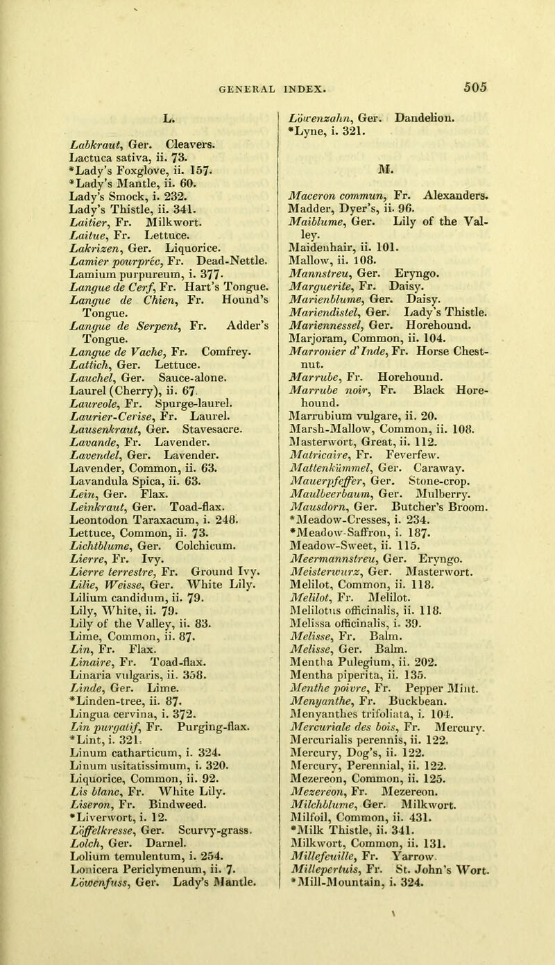 L. Labkraut, Ger. Cleavers. Lactuca sativa, ii. 73. ‘Lady’s Foxglove, ii. 157* ‘Lady’s Mantle, ii. 60. Lady’s Smock, i. 232. Lady’s Thistle, ii. 341. Laitier, Fr. Milkwort. Laitue, Fr. Lettuce. Lakrizen, Ger. Liquorice. Lamier pourprec, Fr. Dead-Nettle. Lamium purpureum, i. 377- Languede Cerf, Fr. Hart’s Tongue. Langue de Chien, Fr. Hound’s Tongue. Langue de Serpent, Fr. Adder’s Tongue. Langue de Vache, Fr. Comfrey. Lattich, Ger. Lettuce. Lauchel, Ger. Sauce-alone. Laurel (Cherry), ii. 67 Laureole, Fr. Spurge-laurel. Laurier-Cerise, Fr. Laurel. Lausenkraut, Ger. Stavesacre. Lavande, Fr. Lavender. Lavendel, Ger. Lavender. Lavender, Common, ii. 63. Lavandula Spica, ii. 63. Lein, Ger. Flax. Leinkraut, Ger. Toad-flax. Leontodon Taraxacum, i. 240. Lettuce, Common, ii. 73- Lichtblume, Ger. Colchicum. Lierre, Fr. Ivy. Lierre terrestre, Fr. Ground Ivy. Lilie, Weisse, Ger. White Lily. Liliurn candidum, ii. 79- Lily, White, ii. 79- Lily of the Valley, ii. 83. Lime, Common, ii. 87- Lin, Fr. Flax. Linaire, Fr. Toad-flax. Linaria vulgaris, ii. 358. Linde, Ger. Lime. *Linden-tree, ii. 87- Lingua cervina, i. 372. Lin purgalif, Fr. Purging-flax. ‘Lint, i. 321. Linum catharticum, i. 324. Linum usitatissimum, i. 320. Liquorice, Common, ii. 92. Lis blanc, Fr. White Lily. Liseron, Fr. Bindweed. •Liverwort, i. 12. Lbffelkresse, Ger. Scurvy-grass. Lolch, Ger. Darnel. Lolium temulentum, i. 254. Lonicera Periclymenum, ii. 7- Lowenfuss, Ger. Lady’s Mantle. Lowenzahn, Ger. Dandelion. •Lyne, i. 321. M. Maceron commun, Fr. Alexanders. Madder, Dyer’s, ii. 96. Maiblume, Ger. Lily of the Val- ley. Maidenhair, ii. 101. Mallow, ii. 108. Mannstreu, Ger. Eryngo. Marguerite, Fr. Daisy. Marienblume, Ger. Daisy. Mariendistel, Ger. Lady’s Thistle. Mariennessel, Ger. Horehound. Marjoram, Common, ii. 104. Marronier d’Inde, Fr. Horse Chest- nut. Marrube, Fr. Horehound. Marrube noir, Fr. Black Hore- hound. Marrubium vulgare, ii. 20. Marsh-Mallow, Common, ii. 108. Masterwort, Great, ii. 112. Matricaire, Fr. Feverfew. Mattenk'ummel, Ger. Caraway. Mauerpfeffer, Ger. Stone-crop. Maulbeerbaum, Ger. Mulberry. Mausdorn, Ger. Butcher’s Broom. •Meadow-Cresses, i. 234. •Meadow-Saffron, i. 187. Meadow-Sweet, ii. 115. Meermannstreu, Ger. Eryngo. Meisterwurz, Ger. Masterwort. Melilot, Common, ii. 118. Melilot, Fr. Melilot. Melilotus officinalis, ii. 118. Melissa officinalis, i. 39. Melisse, Fr. Balm. Melisse, Ger. Balm. Mentha Pulegium, ii. 202. Mentha piperita, ii. 135. Men the poivrc, Fr. Pepper Mint. Menyanthe, Fr. Buckbean. Menyanthes trifoliata, i. 104. Mercuriale des bats, Fr. Mercury. Mercurialis perennis, ii. 122. Mercury, Dog’s, ii. 122. Mercury, Perennial, ii. 122. Mezereon, Common, ii. 125. Mezereoji, Fr. Mezereon. Milchblume, Ger. Milkwort. Milfoil, Common, ii. 431. •Milk Thistle, ii. 341. Milkwort, Common, ii. 131. Millefeuille, Fr. Yarrow, j Miltepertuis, Fr. St. John’s Wort. | ‘Mill-Mountain, i. 324.