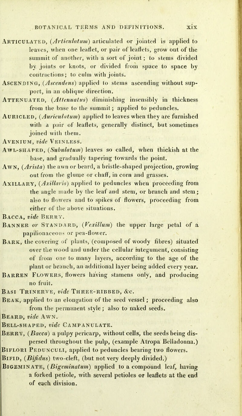 Articulated, (Articulatum) articulated or jointed is applied to leaves, when one leaflet, or pair of leaflets, grow out of the summit of another, with a sort of joint; to stems divided by joints or knots, or divided from space to space by contractions; to culm with joints. Ascending, (Asccndens) applied to stems ascending without sup- port, in an oblique direction. Attenuated, (At/enuatus) diminishing insensibly in thickness from the base to the summit; applied to peduncles. Auricled, (Auriculntum) applied to leaves when they are furnished with a pair of leaflets, generally distinct, but sometimes joined with them. Avenium, vide Veinless. Awl-shaped, (Subulatum) leaves so called, when thickish at the base, and gradually tapering towards the point. Awn, (Arista) the awn or beard, a bristle-shaped projection, growing out from the glume or chaff, in corn and grasses. Axillary, (Axillaris) applied to peduncles when proceeding from the angle made by the leaf and stem, or branch and stem; also to flowers and to spikes of flowers, proceeding from either of the above situations. Bacca, vide Berry. Banner or Standard, (Vexillum) the upper large petal of a papilionaceous or pea-flower. Bark, the covering of plants, (composed of woody fibres) situated over the wood and under the cellular integument, consisting of from one to many layers, according to the age of the plant or branch, an additional layer being added every year. Barren Flowers, flowers having stamens only, and producing no fruit. Basi Trinerve, vide Three-ribbed, &c. Beak, applied to an elongation of the seed vessel; proceeding also from the permanent style; also to naked seeds. Beard, vide Awn. Bell-shaped, vide Campanulate. Berry, (Bacca) a pulpy pericarp, without cells, the seeds being dis- persed throughout the pulp, (example Atropa Belladonna.) Biflori Pedunculi, applied to peduncles bearing two flowers. Bifid, (Bifidus) two-cleft, (but not very deeply divided.) Bigeminate, (Bigeminalum) applied to a compound leaf, having a forked petiole, with several petioles or leaflets at the end of each division.