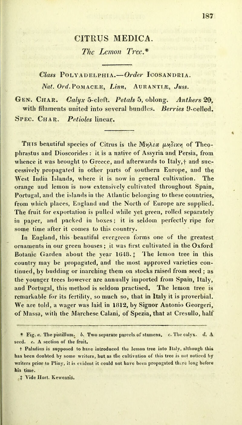 CITRUS MEDICA. The Lemon Tree.* 187 Class Polyadeephia.—Order Icosandria. iVaf. Ori/.PoMACE®, Linn, Auranti*, Juss. Gen. Char. Calyx 5-cleft. Petals 5, oblong. Anthers 20, with filaments united into several bundles. Berries O-celled. Spec. Char. Petioles linear. Thts beautiful species of Citrus is the MvjAea fjivjJ/Kvj of Theo- phrastus and Dioscorides : it is a native of Assyria and Persia, from whence it was brought to Greece, and afterwards to Italy,f and suc- cessively propagated in other parts of southern Europe, and the West India Islands, where it is now in general cultivation. The orange and lemon is now extensively cultivated throughout Spain, Portugal, and the islands in the Atlantic belonging to these countries, from which places, England and the North of Europe are supplied. The fruit for exportation is pulled while yet green, rolled separately in paper, and packed in boxes; it is seldom perfectly ripe for some time after it comes to this country. In England, ibis beautiful evergreen forms one of the greatest ornaments in our green houses; it was first cultivated in the Oxford Botanic Garden about the year 1G48. J The lemon tree in this country may be propagated, and the most approved varieties con- tinued, by budding or inarching them on stocks raised from seed ; as the younger trees however are annually imported from Spain, Italy, and Portugal, this method is seldom practised. The lemon tree is remarkable for its fertility, so much so, that in Italy it is proverbial. We are told, a wager was laid in 1812, by Signor Antonio Georgeri, of Massa, with the Marchese Calani, of Spezia, that at Cresullo, half * Fig. a. The pistillum. b. Two separate parcels of stamens, c. The calyx, d. A seed. e. A section of the fruit. t Paladins is supposed to have introduced the lemon tree into Italy, although this has been doubted by some writers, but as the cultivatiou of this tree is uot noticed by writers prior to Pliny, it is evident it could uot have been propagated there long before his time. t Vide Ilort. Kewensis,
