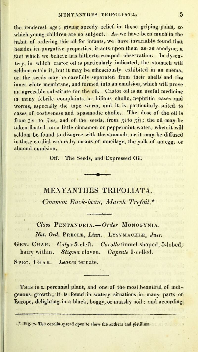 the tenderest age ; giving speedy relief in those griping pains, to which young children are so subject. As we have been much in the habit of ordering this oil for infants, we have invariably found that besides its purgative properties, it acts upon them as an anodyne, a fact which we believe has hitherto escaped observation. In dysen- tery, in which castor oil is particularly indicated, the stomach will seldom retain it, but it may be efficaciously exhibited in an enema, or the seeds may be carefully separated from their shells and the inner white membrane, and formed into an emulsion, which will prove an agreeable substitute for the oil. Castor oil is an useful medicine in many febrile complaints, in bilious cholic, nephritic cases and worms, especially the tape worm, and it is particularly suited to cases of costiveness and spasmodic cholic. The dose of the oil is from 3iv to 5iss, and of the seeds, from ji to 3ij ; the oil may be taken floated on a little cinnamon or peppermint water, when it will seldom be found to disagree with the stomach, or it may be diffused in these cordial w aters by means of mucilage, the yolk of an egg, or almond emulsion. Off. The Seeds, and Expressed Oil. MENYANTHES TRIFOLIATA. Common Buck-bean, Marsh Trefoil* Class Pentandria.—Order Monogynia. Nat. Ord. Precis, Linn. LYSYMACHiiE, Juss. Gen. Char. Calyx 5-cleft. Corolla funnel-shaped, 5-lobed, hairy within. Stigma cloven. Capsule I-celled. Spec. Char. Leaves ternate. This is a perennial plant, and one of the most beautiful of indi- genous growth; it is found in w'atery situations in many parts of Europe, delighting in a black, boggy, or marshy soil; and according * Fig. a. The corolla spread opeu to shew the anthers and pistilluin.