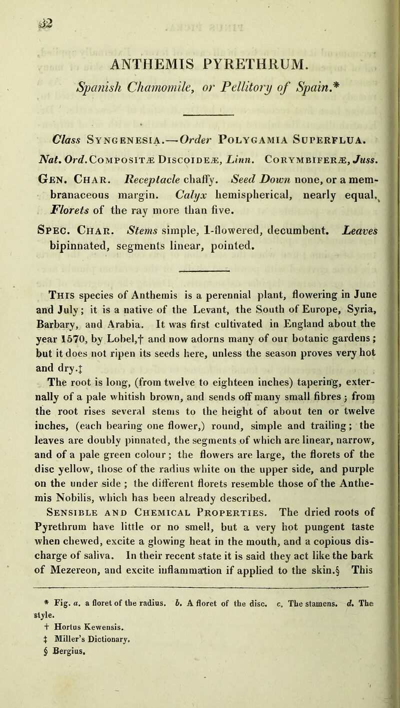 ANTHEMIS PYRETHRUM. Spanish Chamomile, or Pellitory of Spain.* * * § Class SyNGENESIA.— Order POLYGAMIA SurERFLUA. Nat. Ord.Composite Discoidea, Linn. Corymbifera:, Juss. Gen. Char. Receptacle chaffy. Seed Down none, or a mem- branaceous margin. Calyx hemispherical, nearly equal. Florets of the ray more than five. Spec. Char. Stems simple, 1-flowered, decumbent. Leaves bipinnated, segments linear, pointed. This species of Anthemis is a perennial plant, flowering in June and July; it is a native of the Levant, the South of Europe, Syria, Barbary, and Arabia. It was first cultivated in England about the year 1570, by Lobel,f and now adorns many of our botanic gardens ; but it does not ripen its seeds here, unless the season proves very hot and dry4 The root is long, (from twelve to eighteen inches) tapering, exter- nally of a pale whitish brown, and sends off many small fibres ; from the root rises several stems to the height of about ten or twelve inches, (each bearing one flower,) round, simple and trailing; the leaves are doubly pinnated, the segments of which are linear, narrow', and of a pale green colour; the flow ers are large, the florets of the disc yellow', those of the radius white on the upper side, and purple on the under side ; the different florets resemble those of the Anthe- mis Nobilis, which has been already described. Sensible and Chemical Properties. The dried roots of Pyrethrum have little or no smell, but a very hot pungent taste when chewed, excite a glowing heat in the mouth, and a copious dis- charge of saliva. In their recent state it is said they act like the bark of Mezereon, and excite inflammation if applied to the skin.§ This style. t Hortus Kewensis. X Miller’s Dictionary. § Bergius.