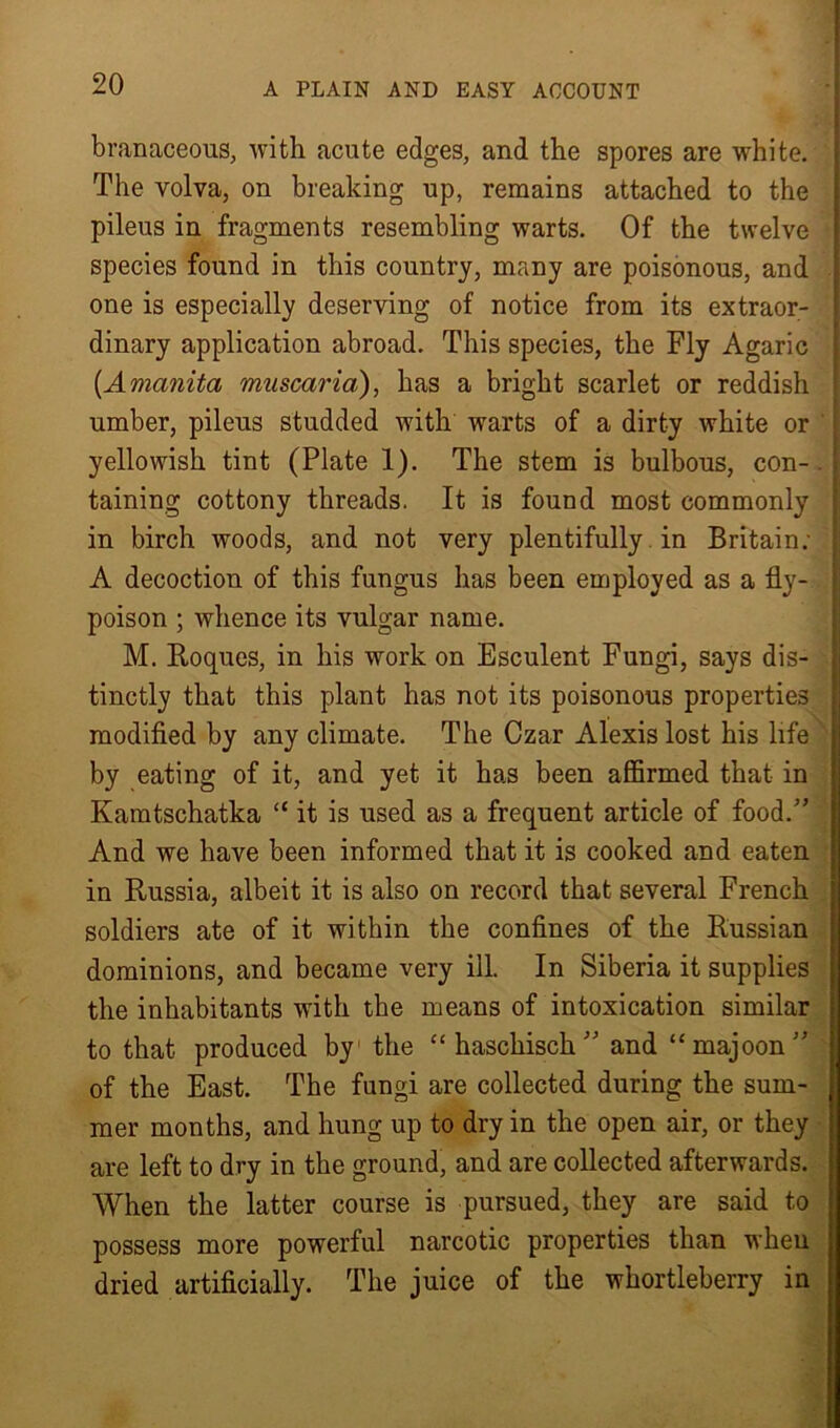 branaceous, with acute edges, and the spores are white. The volva, on breaking up, remains attached to the pileus in fragments resembling warts. Of the twelve species found in this country, many are poisonous, and one is especially deserving of notice from its extraor- dinary application abroad. This species, the Fly Agaric {Amanita muscaria), has a bright scarlet or reddish umber, pileus studded with warts of a dirty white or yellowish tint (Plate 1). The stem is bulbous, con- taining cottony threads. It is found most commonly in birch woods, and not very plentifully in Britain; A decoction of this fungus has been employed as a fly- poison ; whence its vulgar name. M. Roques, in his work on Esculent Fungi, says dis- tinctly that this plant has not its poisonous properties modified by any climate. The Czar Alexis lost his life by eating of it, and yet it has been affirmed that in Kamtschatka “ it is used as a frequent article of food.” And we have been informed that it is cooked and eaten in Russia, albeit it is also on record that several French soldiers ate of it within the confines of the Russian dominions, and became very ill. In Siberia it supplies the inhabitants with the means of intoxication similar to that produced by the “haschisch” and “majoon” of the East. The fungi are collected during the sum- mer months, and hung up to dry in the open air, or they are left to dry in the ground, and are collected afterwards. When the latter course is pursued, they are said to possess more powerful narcotic properties than when dried artificially. The juice of the whortleberry in