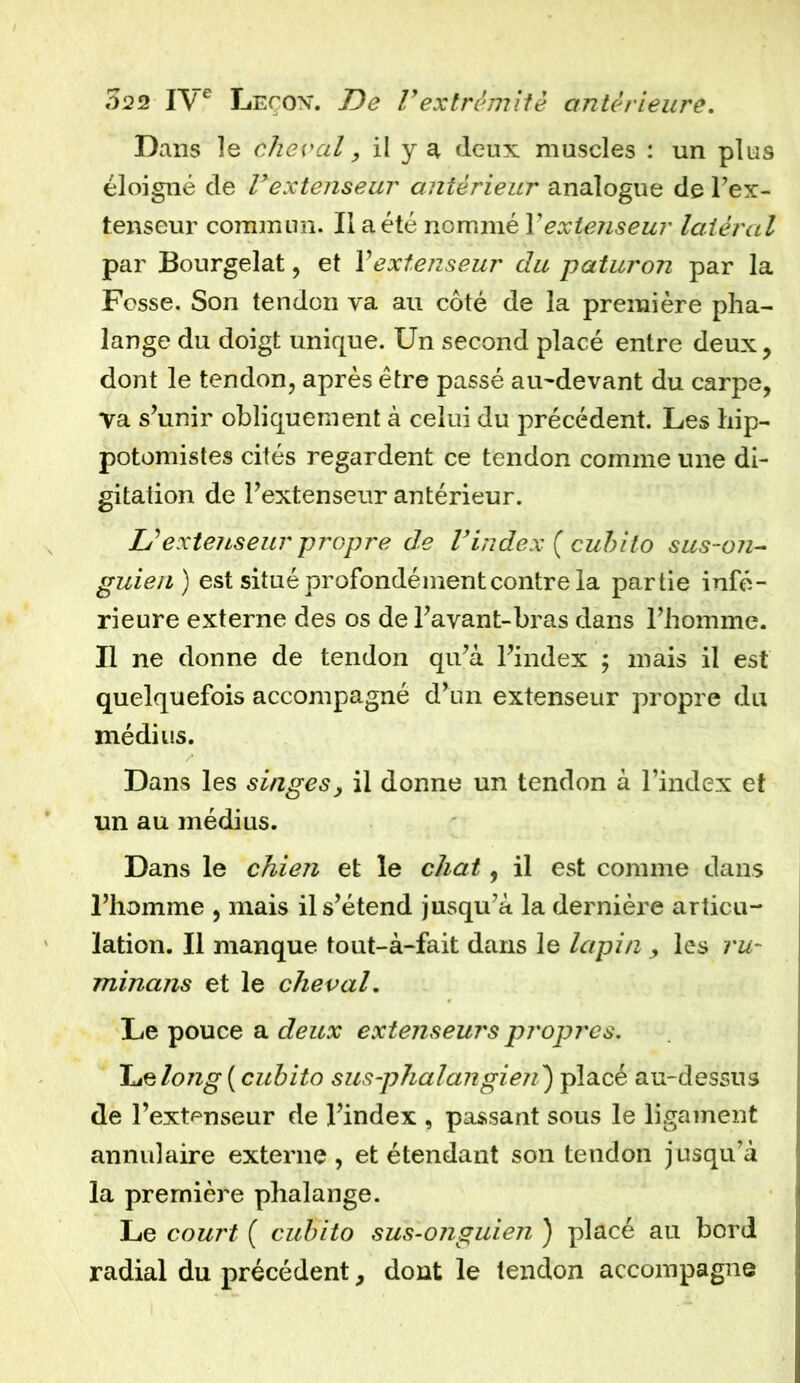 Dans le cheval, il y a (leux muscles : un plus éloigné de F extenseur antérieur analogue de l’ex- tenseur commun. Il a été nommé Y extenseur latéral par Bourgelat, et Y extenseur du paturon par la Fosse. Son tendon va au côté de la première pha- lange du doigt unique. Un second placé entre deux, dont le tendon, après être passé au-devant du carpe, Va s’unir obliquement à celui du précédent. Les hip- potomistes cités regardent ce tendon comme une di- gitation de l’extenseur antérieur. U extenseur propre de F index ( cuhito sus-oji- guien) est situé profondément contre la partie infé- rieure externe des os de l’avant-bras dans l’homme. Il ne donne de tendon qu’à l’index ; mais il est quelquefois accompagné d’un extenseur propre du médius. Dans les singesy il donne un tendon à l’index et un au médius. Dans le chien et le chat, il est comme dans l’homme , mais il s’étend jusqu’à la dernière articu- lation. Il manque tout-à-fait dans le lapin , les vu- minans et le cheval. Le pouce a deux extenseurs propres. Ion g [cuhito sus-phalangiené) placé au-dessus de l’extenseur de l’index , passant sous le ligament annulaire externe , et étendant son tendon jusqu’à la première phalange. Le court ( cuhito sus-onguien ) placé au bord radial du précédent, dont le tendon accompagne