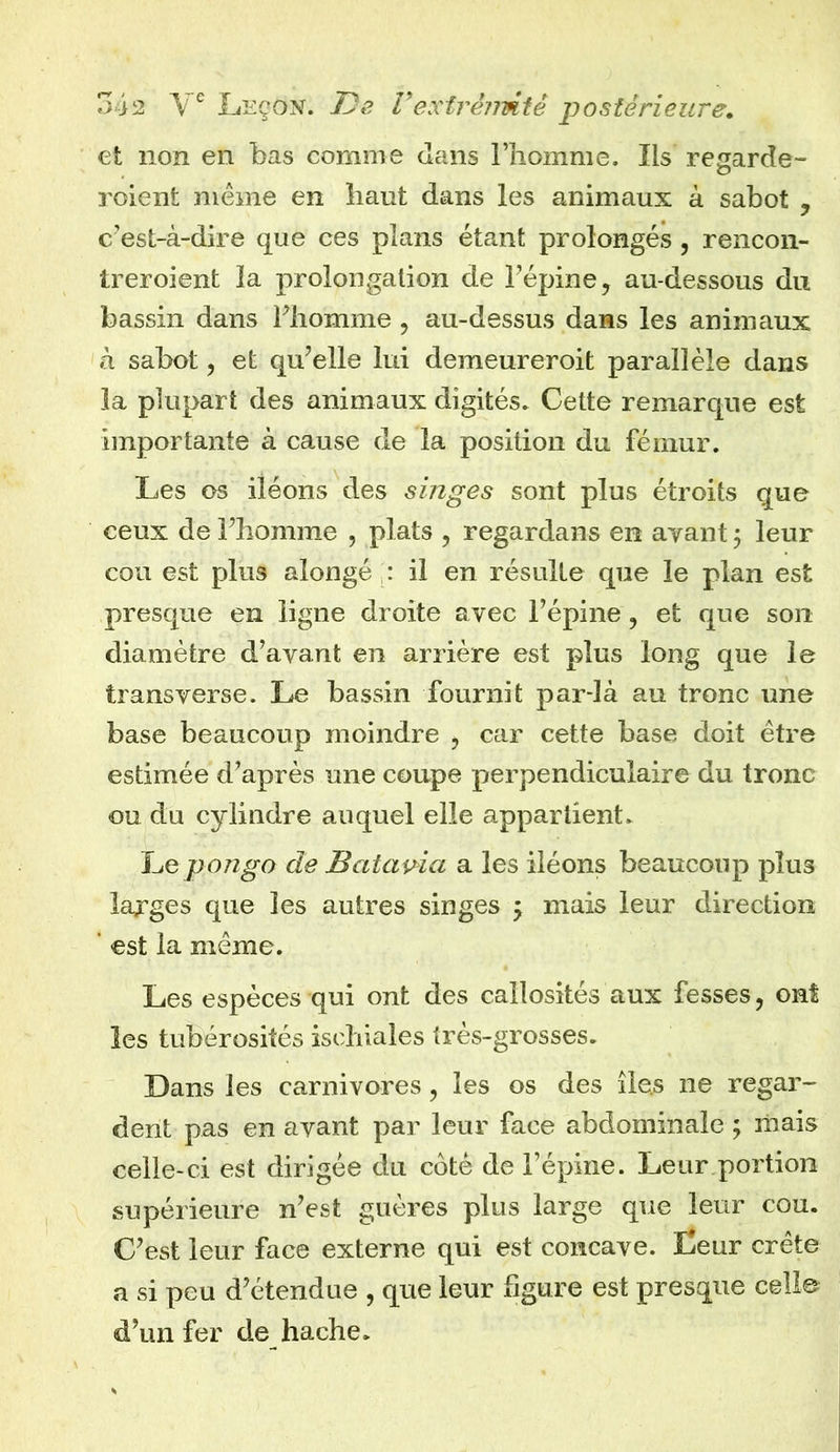 et non en bas comme clans l’homme. Ils regarde- roient même en haut dans les animaux à sabot y c’est-à-dire que ces pians étant prolongés , rencon- treroient la prolongation de l’épine, au-dessous du bassin dans l’homme , au-dessus dans les animaux à sabot, et qu’elle lui demeureroit parallèle dans la plupart des animaux digités. Cette remarque est importante à cause de la position du fémur. Les os iléons des singes sont plus étroits que ceux de l’homme , plats , regardans en ayant ÿ leur cou est plus alongé : il en résulte que le plan est presque en ligne droite avec l’épine , et que son diamètre d’ayant en arrière est plus long que le transverse. Le bassin fournit par-là au tronc une base beaucoup moindre , car cette base doit être estimée d’après une coupe perpendiculaire du tronc ou du cylindre auquel elle appartient. Le pongo de Batavia a les iléons beaucoup plus lajges que les autres singes ; mais leur direction est la même. Les espèces qui ont des callosités aux fesses, ont les tubérosités isehiales très-grosses. Dans les carnivores, les os des îles ne regar- dent pas en ayant par leur face abdominale ; lirais celle-ci est dirigée du coté de l’épine. Leur portion supérieure n’est guères plus large que leur cou. C’est leur face externe qui est concave. Leur crête a si peu d’étendue , que leur figure est presque celle d’un fer de hache.