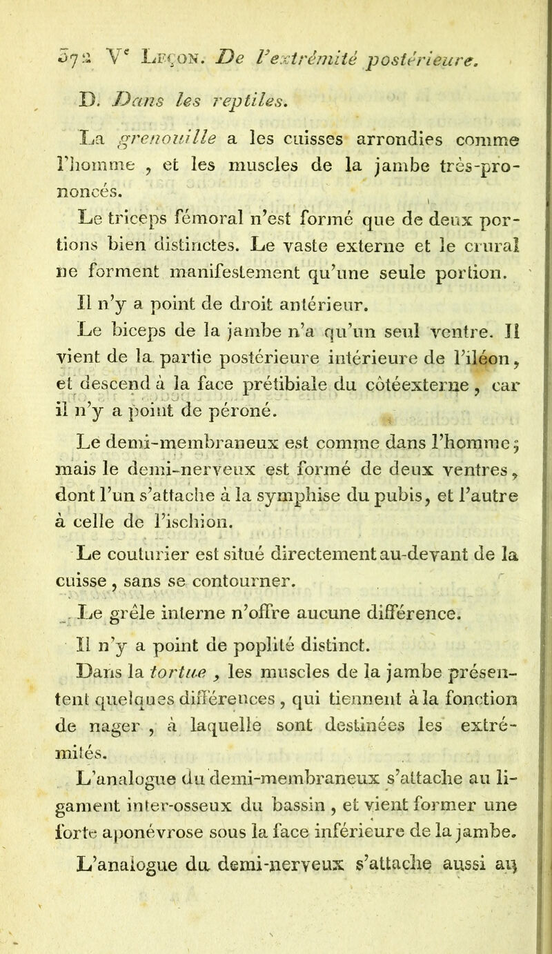 D. Dans les reptiles. La grenouille a les cuisses arrondies comme riiomme , et les muscles de la jambe très-pro- noncés. Le triceps fémoral n’est formé que de deux por- tions bien distinctes. Le yaste externe et le crural ne forment manifestement qu’une seule portion. Il n’y a point de droit antérieur. Le biceps de la jambe n’a qu’un seul ventre. Ii vient de la, partie postérieure intérieure de l’iléon, et descend à la face prétibiale du côtéexterne ? car il n’y a point de péroné. Le demi-membraneux est comme dans l’homme ^ mais le demi-nerveux est formé de deux ventres ? dont l’un s’attache à la symphise du pubis, et l’autre à celle de l’ischion. , .. i ! Le couturier est situé directement au-devant de la cuisse , sans se contourner. Le grêle interne n’offre aucune différence. ii n’y a point de poplité distinct. Dans la tortue , les muscles de la jambe présen- tent quelques différences , qui tiennent à la fonction de nager , à laquelle sont destinées les extré- mités. L’analogue du demi-membraneux s’attache au li- gament inter-osseux du bassin , et vient former une forte aponévrose sous la face inférieure de la jambe. L’analogue da demi-nerveux s’attache aussi arç