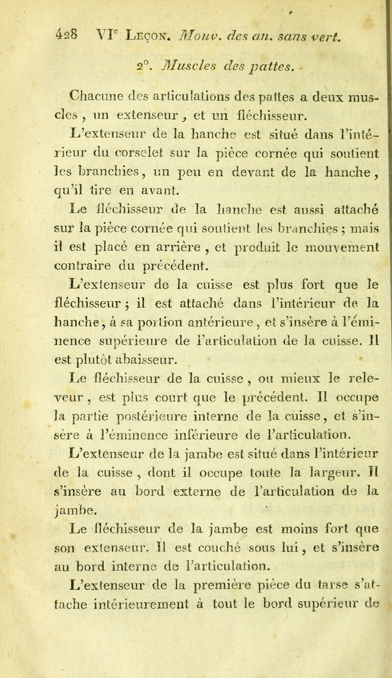 2°. Muscles des pattes. Chacune des articulations des pattes a deux mus- cles , un extenseur, et un fléchisseur. L’extenseur de la hanche est situé dans l’inté- rieur du corselet sur la pièce cornée qui soutient les branchies , un peu en devant de la hanche , qu’il tire en avant. Le fléchisseur de la hanche est aussi attaché sur la pièce cornée qui soutient les branchies ; mais il est placé en arrière , et produit le mouvement contraire du précédent. L’extenseur de la cuisse est plus fort que le fléchisseur ; il est attaché dans l’intérieur de la hanche, à sa portion antérieure , et s’insère à l’émi- nence supérieure de l’articulation de la cuisse. 11 est plutôt abaisseur. Le fléchisseur de la cuisse , ou mieux le rele- veur, est plus court que le précédent. Il occupe la partie postérieure interne de la cuisse, et s’in- sère à l’éminence inférieure de l’articulation. L’extenseur de la jambe est situé dans l’intérieur de la cuisse , dont il occupe toute la largeur. Il s’insère au bord externe de l’articulation de la jambe. Le fléchisseur de la jambe est moins fort que son extenseur. Il est couché sous lui, et s’insère au bord interne de l’articulation. L’extenseur de la première pièce du tarse s’at- tache intérieurement à tout le bord supérieur de