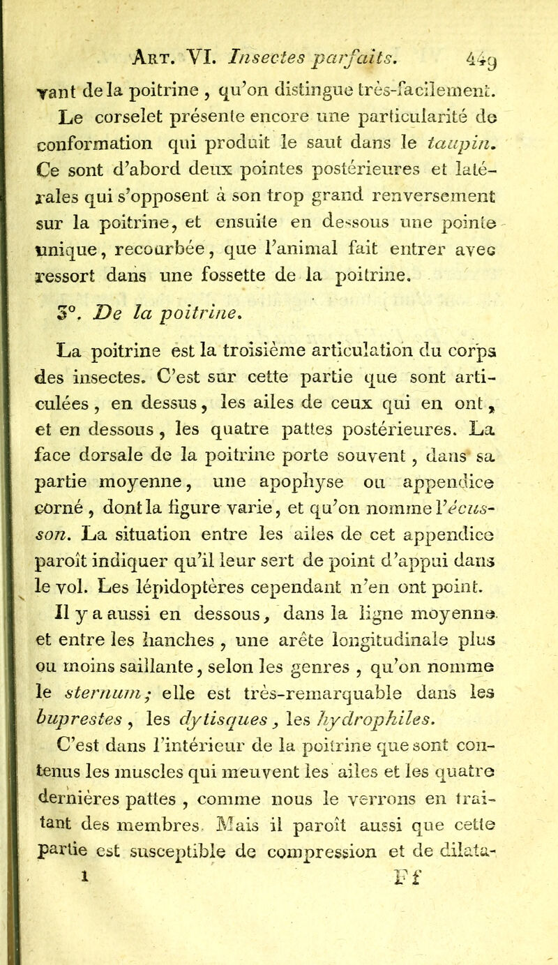 yant delà poitrine , qu’on distingue très-facilement. Le corselet présente encore une particularité de conformation qui produit le saut dans le taupin. Ce sont d’abord deux pointes postérieures et laté- rales qui s’opposent à son trop grand renversement sur la poitrine, et ensuite en dessous une pointe unique, recourbée, que l’animal fait entrer aveG ressort dans une fossette de la poitrine. 5°. De la poitrine. La poitrine est la troisième articulation du corps des insectes. C’est sur cette partie que sont arti- culées , en dessus, les ailes de ceux qui en ont, et en dessous , les quatre pattes postérieures. La face dorsale de la poitrine porte souvent, dans sa partie moyenne, une apophyse ou appendice corné , dont la ligure varie, et qu’on nomme Vécus- son. La situation entre les ailes de cet appendice paroît indiquer qu’il leur sert de point d’appui dans le vol. Les lépidoptères cependant n’en ont point. Il y a aussi en dessous, dans la ligne moyenne, et entre les hanches , une arête longitudinale plus ou moins saillante, selon les genres , qu’on nomme le sternum • elle est très-remarquable dans les buprestes , les dytisques les hydrophiles. C’est dans l’intérieur de la poitrine que sont con- tenus les muscles qui meuvent les ailes et les quatre dernières pattes , comme nous le verrons en trai- tant des membres. Mais il paroît aussi que cette partie est susceptible de compression et de dilata- i Ff