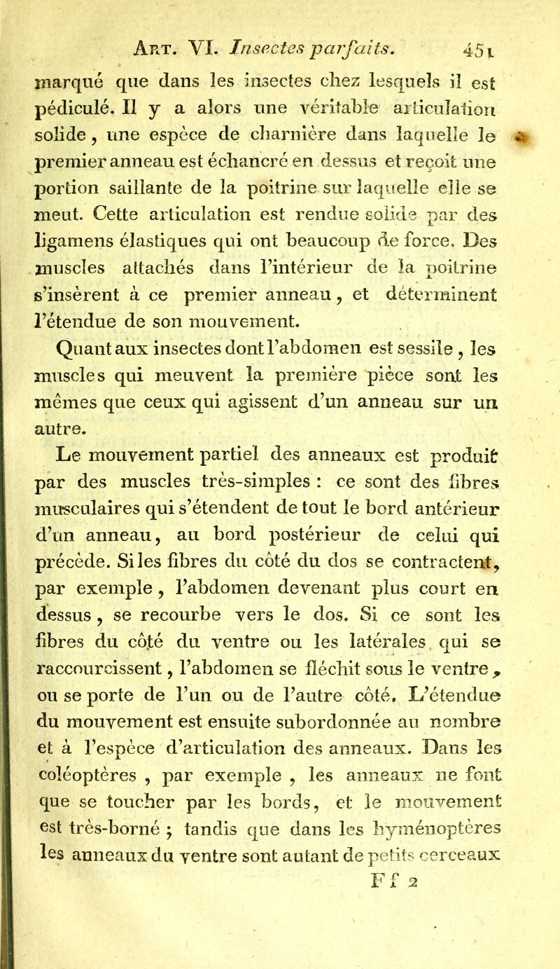 marqué que dans les insectes chez lesquels il est pédiculé. Il y a alors une véritable articulation solide, une espèce de charnière dans laquelle le premier anneau est échancré en dessus et reçoit une portion saillante de la poitrine sur laquelle elle se meut. Cette articulation est rendue solide par des ligamens élastiques qui ont beaucoup de force. Des muscles attachés dans l’intérieur de la poitrine s’insèrent à ce premier anneau , et déterminent l’étendue de son mouvement. Quant aux insectes dont l’abdomen est sessile , les muscles qui meuvent la première pièce sont les memes que ceux qui agissent d’un anneau sur un autre. Le mouvement partiel des anneaux est produit par des muscles très-simples : ce sont des fibres musculaires qui s’étendent de tout le bord antérieur d’un anneau, au bord postérieur de celui qui précède. Si les libres du côté du dos se contractent, par exemple, l’abdomen devenant plus court en dessus , se recourbe vers le dos. Si ce sont les libres du côjté du ventre ou les latérales qui se raccourcissent, l’abdomen se fléchit sous le ventre ? ou se porte de l’un ou de l’autre côté. L’étendue du mouvement est ensuite subordonnée au nombre et à l’espèce d’articulation des anneaux. Dans les coléoptères , par exemple , les anneaux 11e font que se toucher par les bords, et le mouvement est très-borné ; tandis que dans les hyménoptères les anneaux du yentre sont autant de petits cerceaux Ff 2