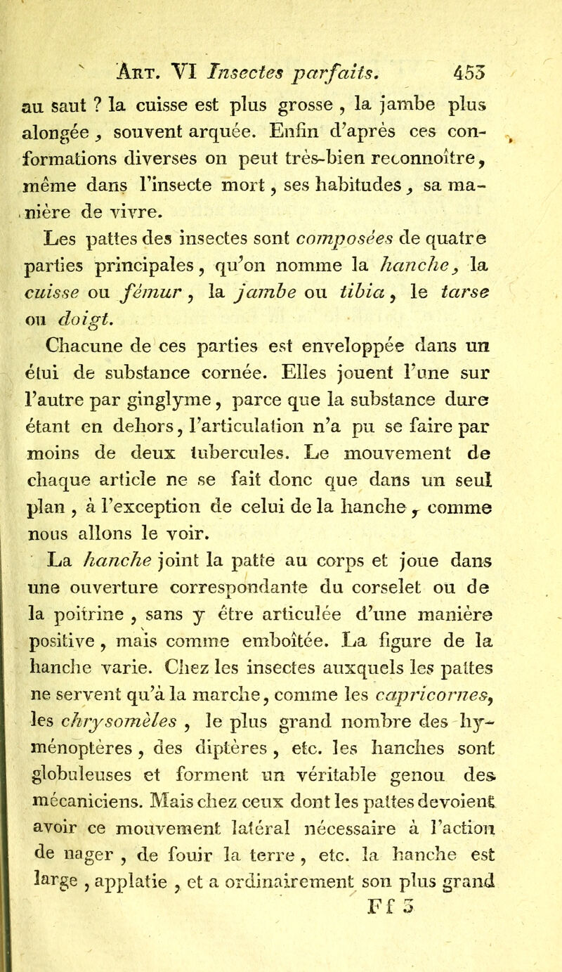 au saut ? la cuisse est plus grosse , la jambe plus alongée , souvent arquée. Enfin d’après ces con- formations diverses on peut très-bien reconnoître, même dans l’insecte mort , ses habitudes , sa ma- nière de vivre. Les pattes des insectes sont composées de quatre parties principales, qu’on nomme la hanchey la cuisse ou fémur, la jambe ou tibia, le tarse ou doigt. Chacune de ces parties est enveloppée dans un étui de substance cornée. Elles jouent l’une sur Pautre par ginglyme, parce que la substance dure étant en dehors, l’articulation n’a pu se faire par moins de deux tubercules. Le mouvement de chaque article ne se fait donc que dans un seul plan , à l’exception de celui de la hanche r comme nous allons le voir. La hanche joint la patte au corps et joue dans une ouverture correspondante du corselet ou de la poitrine , sans y être articulée d’une manière positive , mais comme emboîtée. La figure de la hanche varie. Chez les insectes auxquels les pattes ne servent qu’à la marche, comme les capricornes, les chrysomèles , le plus grand nombre des hy- ménoptères , des diptères , etc. les hanches sont globuleuses et forment un véritable genou des. mécaniciens. Mais chez ceux dont les pattes dévoient avoir ce mouvement latéral nécessaire à l’action de nager , de fouir la terre , etc. la hanche est large , applatie , et a ordinairement son plus grand Ff $