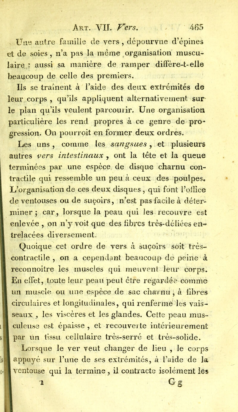 Une autre famille de vers , dépourvue d’épines et de soies , n’a pas la meme organisation muscu- laire : aussi sa manière de ramper diffère-t-elle beaucoup de celle des premiers. Ils se traînent à l’aide des deux extrémités de leur corps , qu’ils appliquent alternativement sur le plan qu’ils veulent parcourir. Une organisation particulière les rend propres à ce genre de pro- gression. On pourroit en former deux ordres. Les uns, comme les sangsues, et plusieurs autres vers intestinaux y ont la tête et la queue terminées par une espèce de disque charnu con- tractile qui ressemble un peu à ceux des poulpes. L’organisation de ces deux disques , qui font l’olEce de ventouses ou de suçoirs, n’est pas facile à déter- miner ; car, lorsque la peau qui les recouvre est enlevée , on n’y voit que des fibres très-déliées en- trelacées diversement. Quoique cet ordre de vers à suçoirs soit très- contractile , on a cependant beaucoup de peine à reconnoître les muscles qui meuvent leur corps. En effet, toute leur peau peut être regardée comme un muscle ou une espèce de sae charnu , à fibres ! circulaires et longitudinales, qui renferme les vais- seaux les viscères et les glandes. Cette peau mus- I culeuse est épaisse , et recouverte intérieurement I par ün tissu cellulaire très-serré et très-solide. I Lorsque le ver veut changer de lieu , le corps 1 aPpuyé sur l’une de ses extrémités, à l’aide de la ■ ventouse qui la termine , il contracte isolément les Gg '1