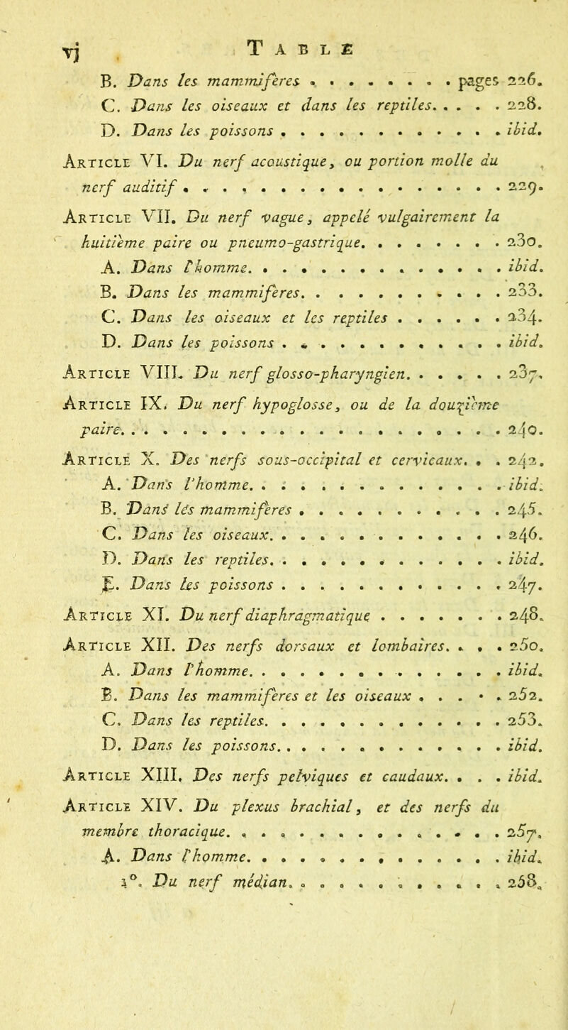 V B. Dans les mammifères pages 226. C. Dans les oiseaux et dans les reptiles 228. D. Dans les poissons ibid. Article VI. Du nerf acoustique, ou portion molle du nerf auditif • 229. Article VII. Du nerf vague, appelé vulgairement la huitième paire ou pneumo-gastrique 23o, A. Dans tkomme * ibid, B. Dans les mammifères 233. C. Dans les oiseaux et les reptiles 234. D. Dans les poissons ibid. Article VIIL Du nerf glosso-pkaryngien 23;^. Article IX. Du nerf hypoglosse, ou de la douficme paire 240. Article X. Des nerfs sous-occipital et cervicaux. • . 242, K. Dan's Vhomme. . ibid, B. Dani Us mammifères 245. C. Dans les oiseaux 24^' D. Dans les reptiles. ibid. P. Dans Us poissons 247. Article XL Du nerf diaphragmatique 248. Article XII. Des nerfs dorsaux et lombaires. . • . 25o, A. Dans rhomme ibid, B. Dans les mammifères et les oiseaux , . . • . 252. C. Dans les reptiles 253. D. Dans les poissons ibid. Article Xlll, Des nerfs pelviques et caudaux. . . . ibid.. Article XIV. Du plexus brachial, et des nerfs du membre thoracique. 12.5p. A. Dans l'homme. ikid, 1®- Du nerf médian. ........... 258^