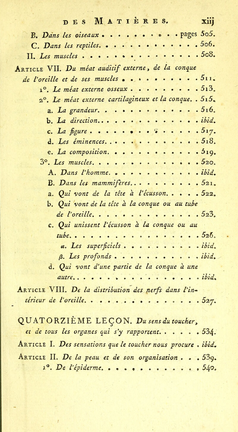 B, Dans les oiseaux . ® . • pages 5o5. C. Dans Us reptiles, 5o6. IL Les muscles 5o8. Article VIL Du méat auditif externe ^ de la conque de V oreille et de ses muscles 5ii, 1°. Le méat externe osseux 5i3. 2°. Le méat externe cartilagineux et la conque. . 5i5„ a. La grandeur, . . • 5i6. b. La direction ibid, c. La figure . • 517'. d. Les éminences 5i8. e. La composition. ^19, 3°. Les muscles 520. A. Dans Vhomme. îbid„ B. Dans les mammifères 521, a. vo/zf de la tête a Vécusson 523, b. Qui vont de la tête d la conque ou au tube de Voreille 523. c. Qui unissent Vécusson d la conque ou au tube 526. U. Les superficiels .......... ibid,. /3. Les profonds ibid, d. Qui vont d'une partie de la conque d une autre ibid„ ApvTicle VIII. De la distribution des t^erfs dans Vin» térieur de Voreille 52jr, QUATORZIÈME LEÇON. Du sens du toucher, et de tous les organes qui s'y rapportent 534. Article L Des sensations que le toucher nous procure • ibid^ Article IL De la peau et de son organisation , • , 539. ]L®, De l’épiderme, •••y......*» 54'^*