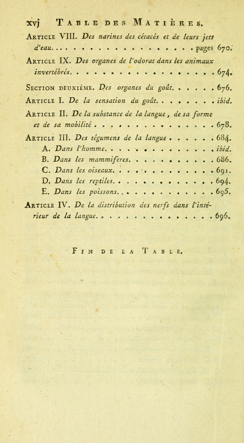 Article VIII. Des narines des cétacés et de leurs jets Article IX. Des organes de Vodorat dans les animaux invertébrés 674* Section deuxième. Des organes du goût 676, Article I. De la sensation du goût ibid. Article II. De la substance de la langue, de sa forme et de sa mobilité 678. Article III. Des tégumens de la langue 684. A. Dans l'homme ibid. B. Dans les mammifères 686. C. Dans les oiseaux, 691, D. Dans les reptiles. 694. E. Dans les poissons 695. Article IV. De la distribution des nerfs dans l'inté- rieur de la langue , 696* Fin de la Table.