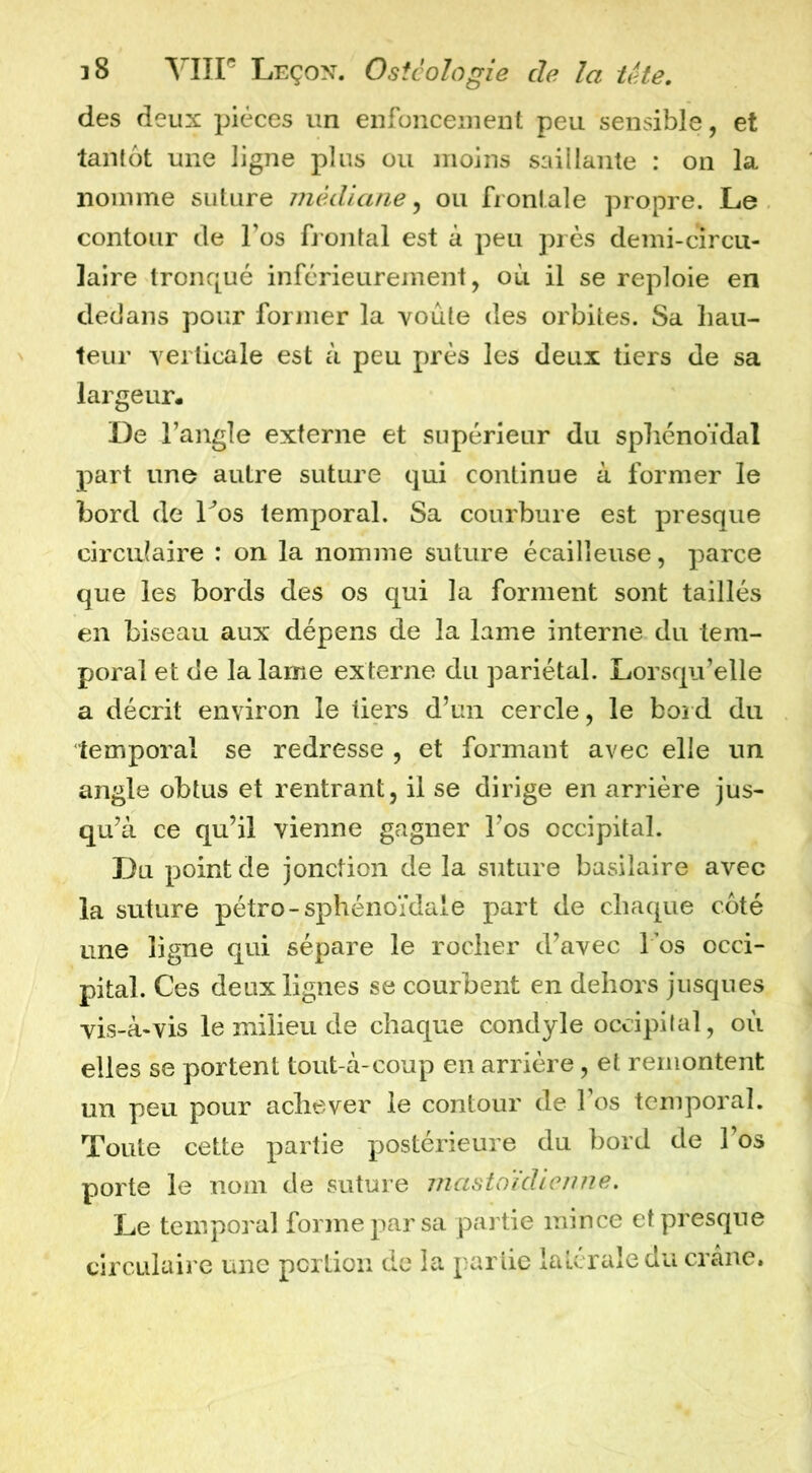 des deux pièces un enfoncement peu sensible, et tantôt une ligne plus ou moins saillante : on la nomme suture médiane, ou frontale propre. Le contour de Tos frontal est à peu près demi-circu- laire tronqué inférieurement, où il se reploie en dedans pour former la voûte des orbites. Sa hau- teur verticale est à peu près les deux tiers de sa largeur. De l’angle externe et supérieur du sphénoïdal part une autre suture qui continue à former le bord de Los temporal. Sa courbure est presque circulaire : on la nomme suture écailleuse, parce que les bords des os qui la forment sont taillés en biseau aux dépens de la lame interne du tem- poral et de la lame externe du pariétal. Lorsqu’elle a décrit environ le tiers d’un cercle, le bord du temporal se redresse , et formant avec elle un angle obtus et rentrant, il se dirige en arrière jus- qu’à ce qu’il vienne gagner l’os occipital. Du point de jonction de la suture basilaire avec la suture pétro-sphénoïdale part de chaque côté une ligne qui sépare le rocher d’avec Ibs occi- pital. Ces deux lignes se courbent en dehors jusques vis-à-vis le milieu de chaque condyle occipilal, où elles se portent tout-à-coup en arrière, et remontent un peu pour achever le contour de l’os temporal. Toute cette partie postérieure du bord de l’os porte le nom de suture mastoïdienne. Le temporal forme par sa partie mince et presque circulaire une portion de la partie laUraledu crâne.