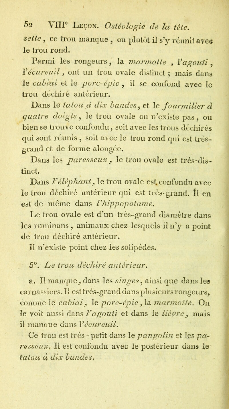 selle , ce trou manque , ou plutôt il s’y réunit avec le trou rond. Parmi les rongeurs, la marmotte , Vagouti , Vécureuil, ont un trou ovale distinct ; mais dans le cahiui et le porc-épic , il se confond avec le trou déchiré antérieur. Dans le tatou et dix bandes^ et le fourmilier cl quatre doigts, le trou ovale ou n^existe pas, ou bien se trouve confondu, soit avec les trous déchirés qui sont réunis , soit avec le trou rond qui est très- grand et de forme aloiigée. Dans les paresseux ^ le trou ovale est très-dis- tinct. Dans Véléphant, le trou ovale est confondu avec le trou déchiré antérieur cjui est très-grand. Il en est de même dans U hippopotame. Le trou ovale est d^un très-grand diamètre dans les ruminans , animaux chez lesquels il ify a point de trou déchiré antérieur. 11 n’exisle point chez les solipèdes. 5°. Le trou déchiré antérieur, a. Il manque^ dans les singes^ ainsi que dans les carnassiers. Il est très-grand dans plusieurs rongeurs, comme le cahiaiy le porc-épicy\a. marmoUe. Ou le voit aussi dans Vagouti et dans le lièvre y mais il mancue dans Vécureuil. Ce trou est très - petit dans le pangolin et les pa- resseux, Il est confondu avec le postérieur dans le tatou a dix bandes.