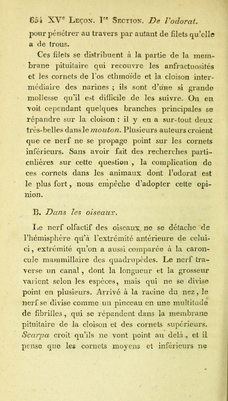 pour pénétrer au travers par autant de filets qu’elle a de trous. Ces filets se distribuent à la partie de la mem- brane pituitaire qui recouvre les anfractuosités et les cornets de l’os ethmoïde et la cloison inter- médiaire des narines ; ils sont d’une si grande mollesse qu’il est difiîcile de les suivre. On en voit cependant quelques branches principales se répandre sur la cloison : il y en a sur-tout deux très-belles dans le mouton. Plusieurs auteurs croient que ce nerf ne se propage point sur les cornets inférieurs. Sans avoir fait des recherches parti- cnlières sur cette question , la complication de ces cornets dans les animaux dont l’odorat est le plus fort 5 nous empêche d’adopter cette opi- nion. B. Dans les oiseaux. Le nerf olfactif des oiseaux ne se détache de l’hémisphère qii’à l’extrémité antérieure de celui- ci , extrémité qu’on a aussi comparée à la caron- cule mammiîlaire des quadrupèdes. Le nerf tra- verse un canal, dont la longueur et la grosseur vaiient selon les espèces, mais qui ne se divise point en plusieurs. Arrivé à la racine du nez, le nerf se divise comme un pinceau en une multitude de fibrilles, qui se répandent dans la membrane pituitaire de la cloison et des cornets supérieurs. Scarpa croit qu’ils ne vont point au delà^ et il pense que les cornets moyens et inférieurs ne