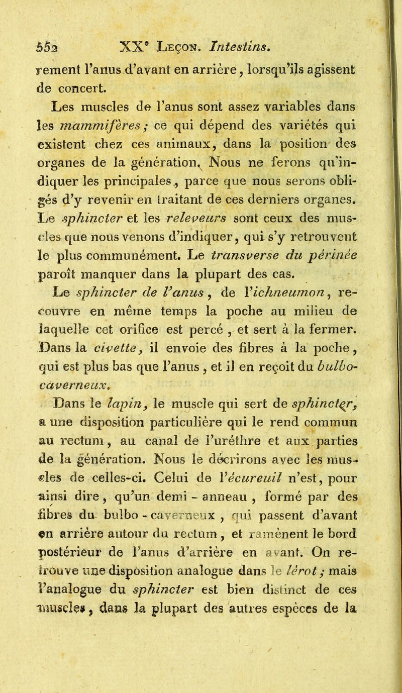 rement l’anus d’avant en arrière, lorsqu’ijs agissent de concert. Les muscles de l’anus sont assez variables dans les mammifères ; ce qui dépend des variétés qui existent chez ces animaux, dans la position des organes de la génération^ Nous ne ferons qu’in- diquer les principales., parce que nous serons obli- gés d’y revenir en traitant de ces derniers organes. Le sphincter et les releveurs sont ceux des mus- cles que nous venons d’indiquer, qui s’y retrouvent le plus communément. Le transverse du périnée paroît manquer dans la plupart des cas. Le sphincter de Vanus , de Vichneumon, re- couvre en même temps la poche au milieu de laquelle cet orifice est percé , et sert à la fermer. Dans la civette, il envoie des fibres à la poche, qui est plus bas que l’anus , et il en reçoit du bulbo- caverneux. Dans le lapin, le muscle qui sert de sphincter, a une disposition particulière qui le rend commun au rectum, au canal de l’uréthre et aux parties de la génération. Nous le décrirons avec les mus- cles de celles-ci. Celui de Vécureuil n’est, pour ainsi dire, qu’un demi - anneau , formé par des fibres du bulbo - caverneux , qui passent d’avant en arrière autour du rectum , et ramènent le bord postérieur de l’anus d’arrière en avant. On re- trouve une disposition analogue dans le lé rot ,* mais l’analogue du sphincter est bien distinct de ces muscles j dans la plupart des autres espèces de la