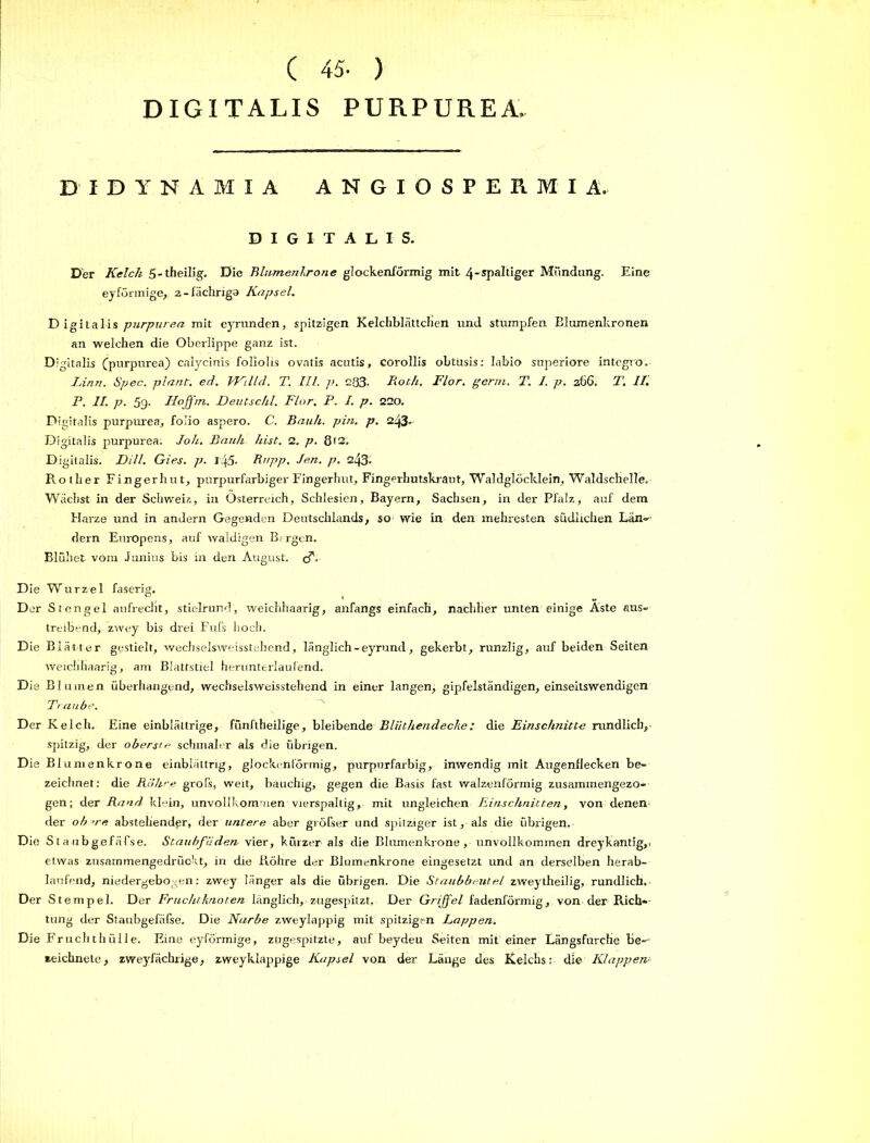 ( 45- ) DIGITALIS PURPUREA, DIDYNAMIA ANGIOSPERMIA. DIGITALIS. Der Kelch 5-theilig. Die Blnmenkrone glockenförmig mit 4-spahiger Mündung. Eine eyfönnige, z-fächriga Kapsel. Digitalis purpurea mit eyrunden, spitzigen Kelchblättchen und stumpfen Blumenkronen an welchen die Oberlippe ganz ist. Digitalis (purpurea) calycinis foliolis ovatis acutis, corollis obtusis: labio superiore intcgro. Lina. Spec. plant, ed. Willd. T. III. p. 233- Roth. Flor. gertn. T. I. p. zß6. T. II. F. II. p. ßg. Ilofftn. Deutschi. Flor. F. I. p. 220. Digitalis purpurea, foiio aspero. C. Bank. pin. p. 243- Digitalis purpurea. Joh. Batih hist. 2. p. 8*2. Digitalis. Dill. Gies. p. Igß. Rapp. Jen. p. 243* Rother Fingerhut, purpurfarbiger Fingerhut, Fingerhutskraut, Waldglöcklein, Waldschelle. Wachst in der Schweiz, in Österreich, Schlesien, Bayern, Sachsen, in der Pfalz, auf dem Harze und in andern Gegenden Deutschlands, so wie in den mehresten südlichen Län» dern Europens, auf waldigen Bf rgen. Blühet vom Junius bis in den August, cf» D ie Wurzel faserig. Der Stengel aufrecht, stielrund, weichhaarig, anfangs einfach, nachher unten einige Aste aus» treibend, zwey bis drei Fufs hoch. D ie Blätter gestielt, wechselsweisstehend, länglich - eyrund, gekerbt, runzlig, auf beiden Seiten weichhaarig, am Blattstiel herunterlaufend. Die Blumen überhangend, wechselsweisstehend in einer langen, gipfelständigen, einseitswendigen Traube. Der Kelch. Eine einblättrige, fünftheilige, bleibende Bliithendecke: die Einschnitte rundlich, spitzig, der oberste schmaler als die übrigen. Die Blumenkrone einblättrig, glockenförmig, purpurfarbig, inwendig mit Augenflecken be- zeichnet: die Rohre grofs, weit, bauchig, gegen die Basis fast walzenförmig zusammengezo- gen; der Rand klein, unvollkommen vierspaltig, mit ungleichen Einschnitten, von denen der ohne abstehender, der untere aber gröfser und spitziger ist, als die übrigen. Die S t a ub gefäfse. Staubfäden vier, kürzer als die Blumenkrone , unvollkommen dreykantig,, etwas zusammengedrückt, in die Röhre der Blumenkrone eingesetzt und an derselben herab- laufend, niedergebogen: zwey länger als die übrigen. Die Staubbeutel zweytheilig, rundlich» Der Stempel. Der Fruchtknoten länglich, zugespitzt. Der Griffel fadenförmig, von der Rich- tung der Staubgefäße. Die Narbe zweylappig mit spitzigen Lappen. Die Fruchthülle. Eine eyförmige, zugespitzte, auf beydeu Seiten mit einer Längsfurche be— zeichnete, zweyfächrige, zweyklappige Kapsel von der Länge des Kelchs: die Klappen1
